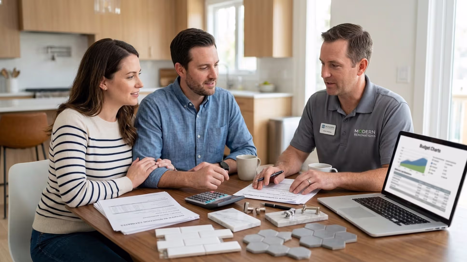 Homeowners reviewing bathtub to shower conversion costs with a contractor