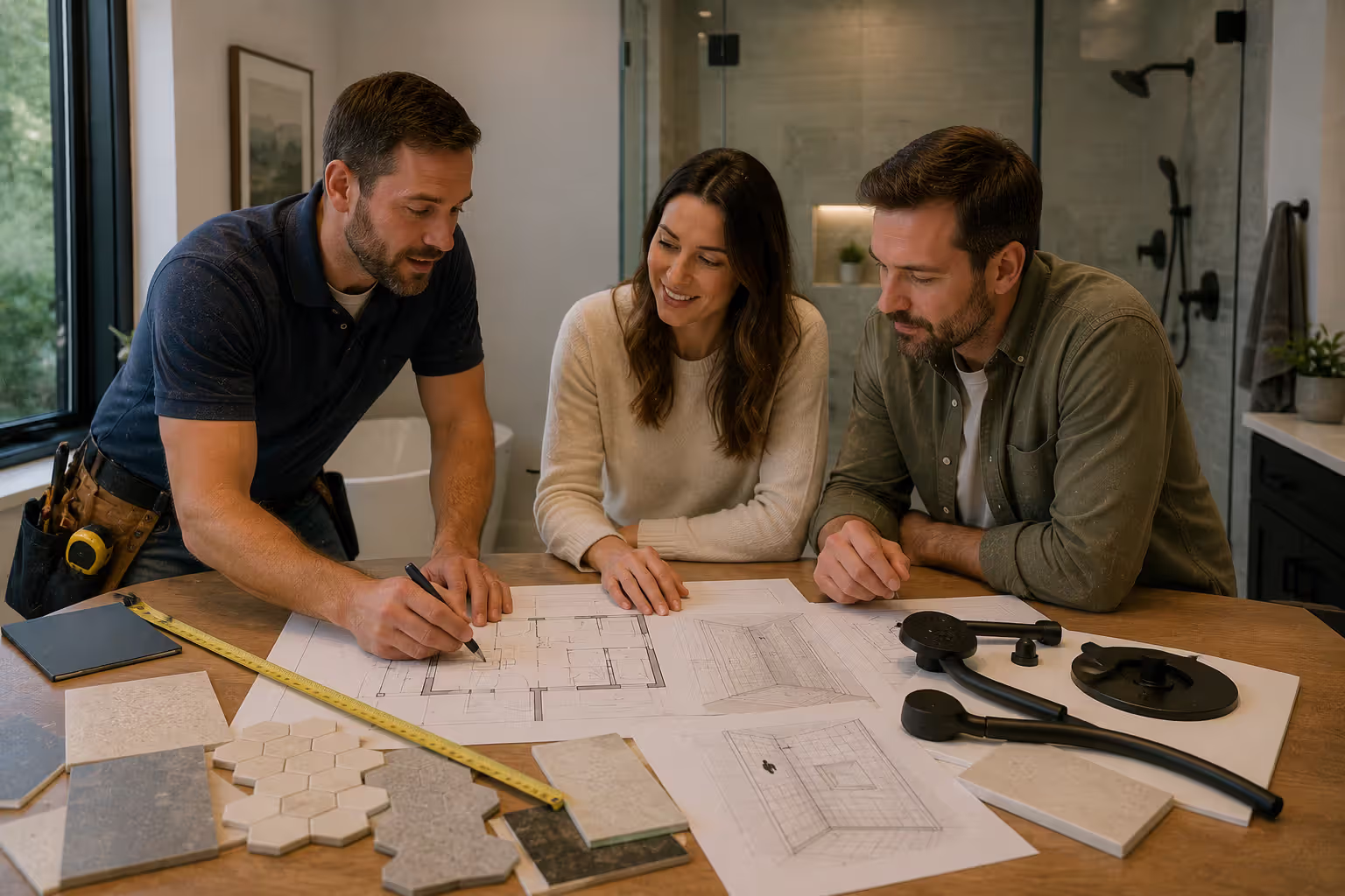 Contractor and homeowners planning a tub to shower remodel