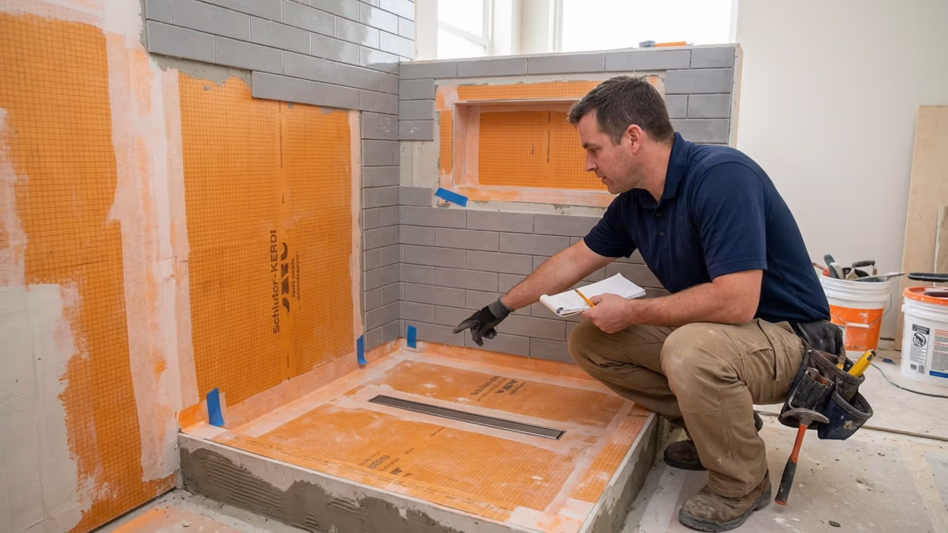 Contractor checking waterproofing and drainage in a custom shower installation