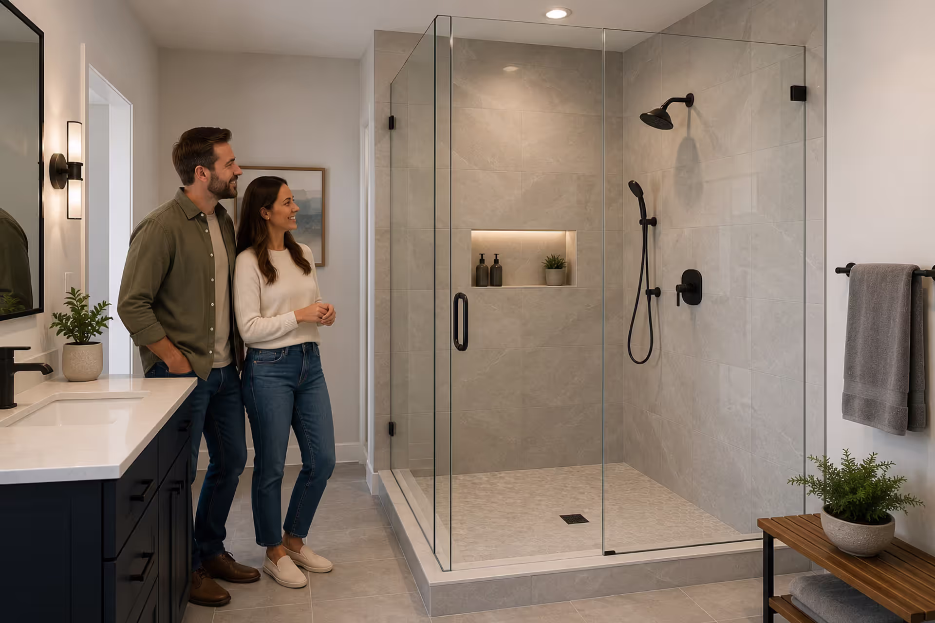 Modern walk-in shower replacing a bathtub in a renovated bathroom