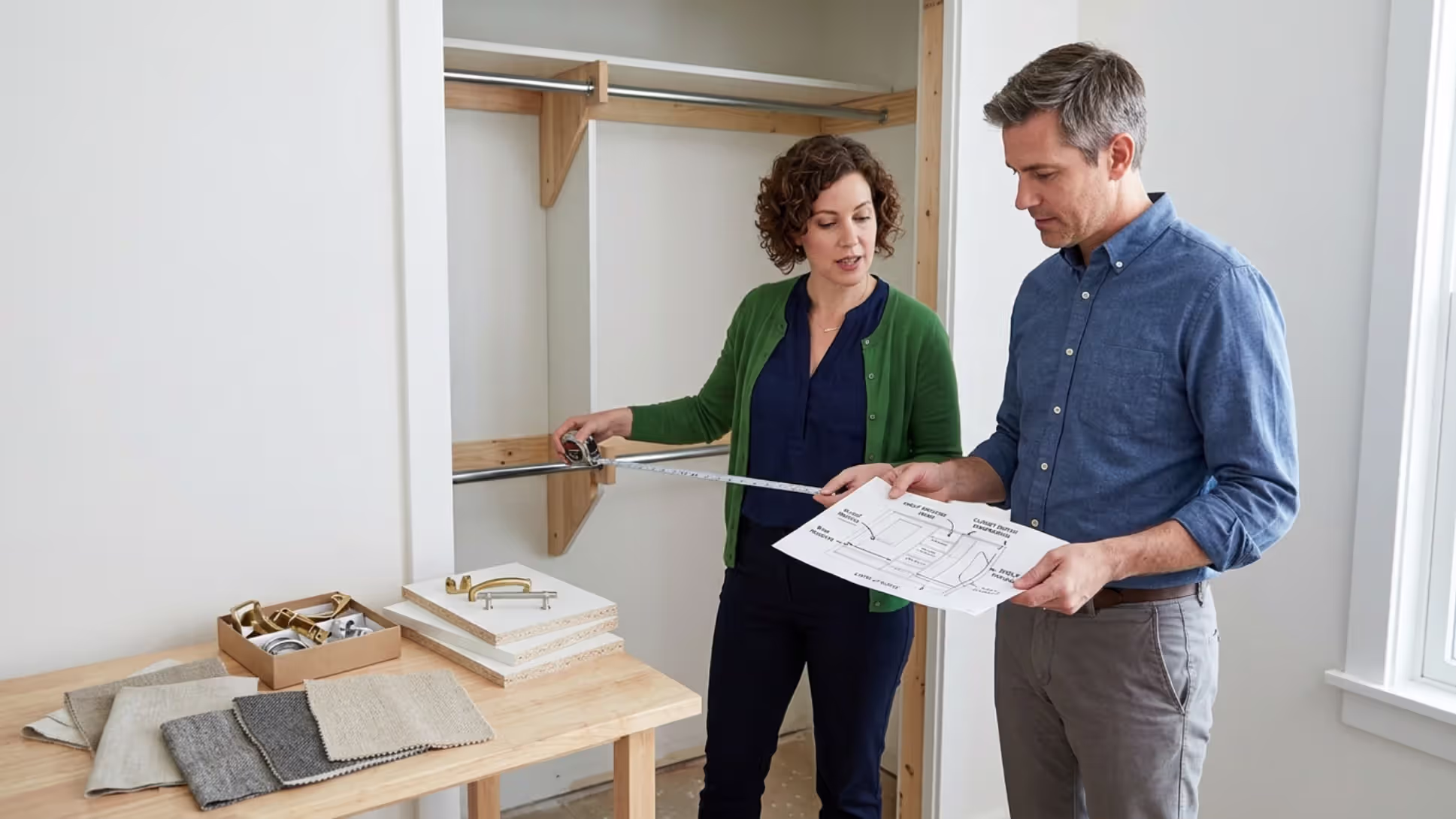 Designer measuring a closet and planning storage dimensions