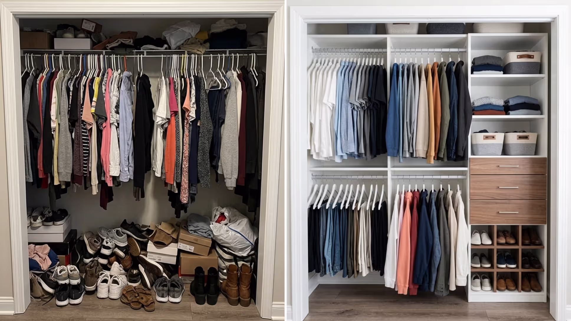 Before and after comparison of a reach-in closet renovation