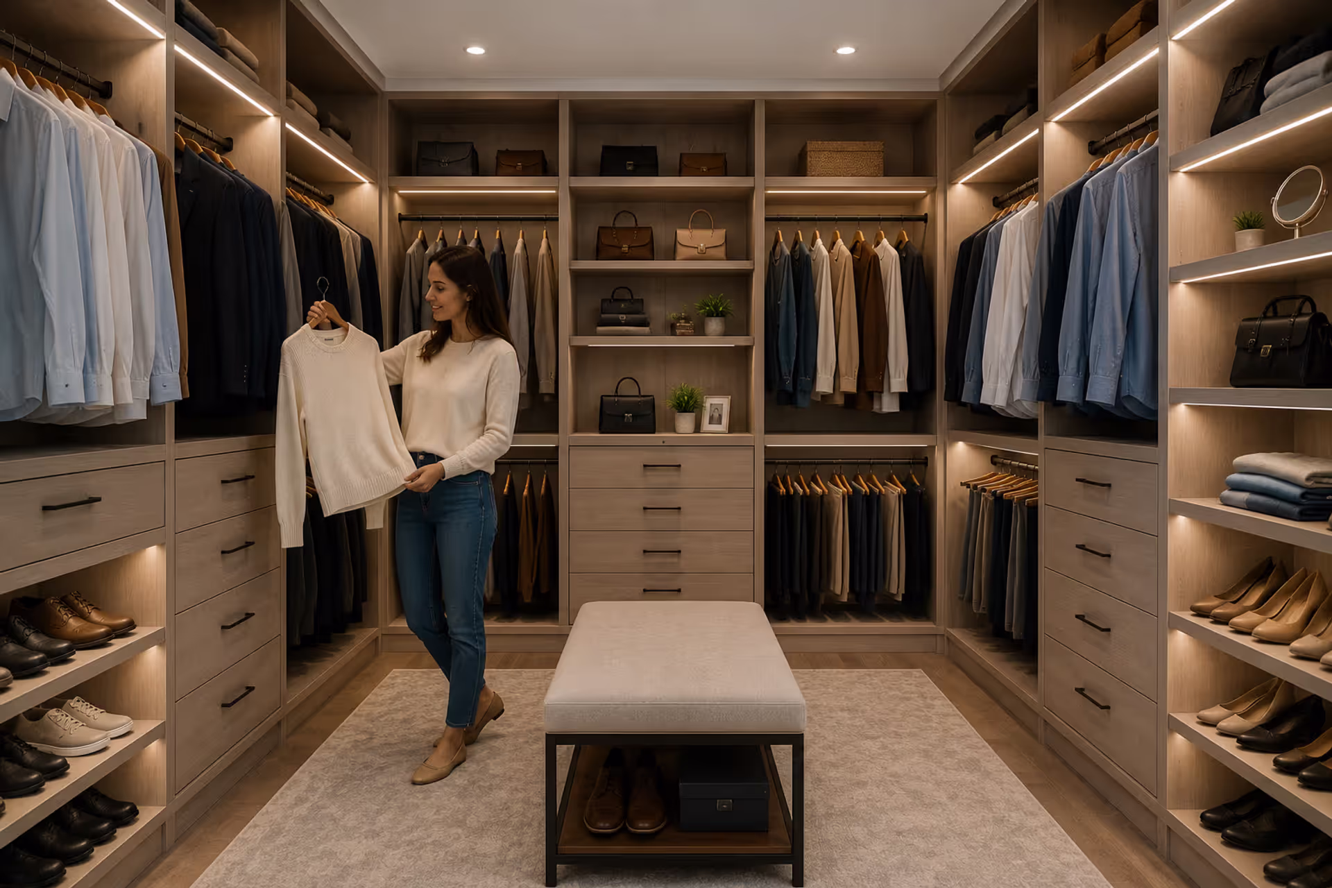 Modern walk-in closet with custom built-in storage and organized wardrobe