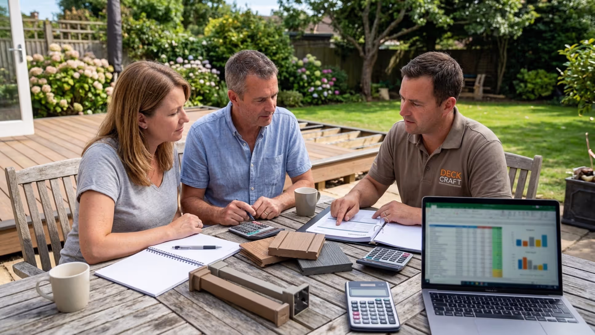Homeowners reviewing deck remodeling costs with a contractor
