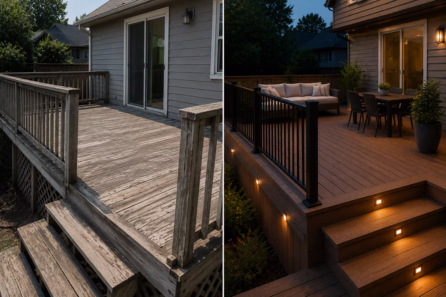 Before and after comparison of a deck remodeling project
