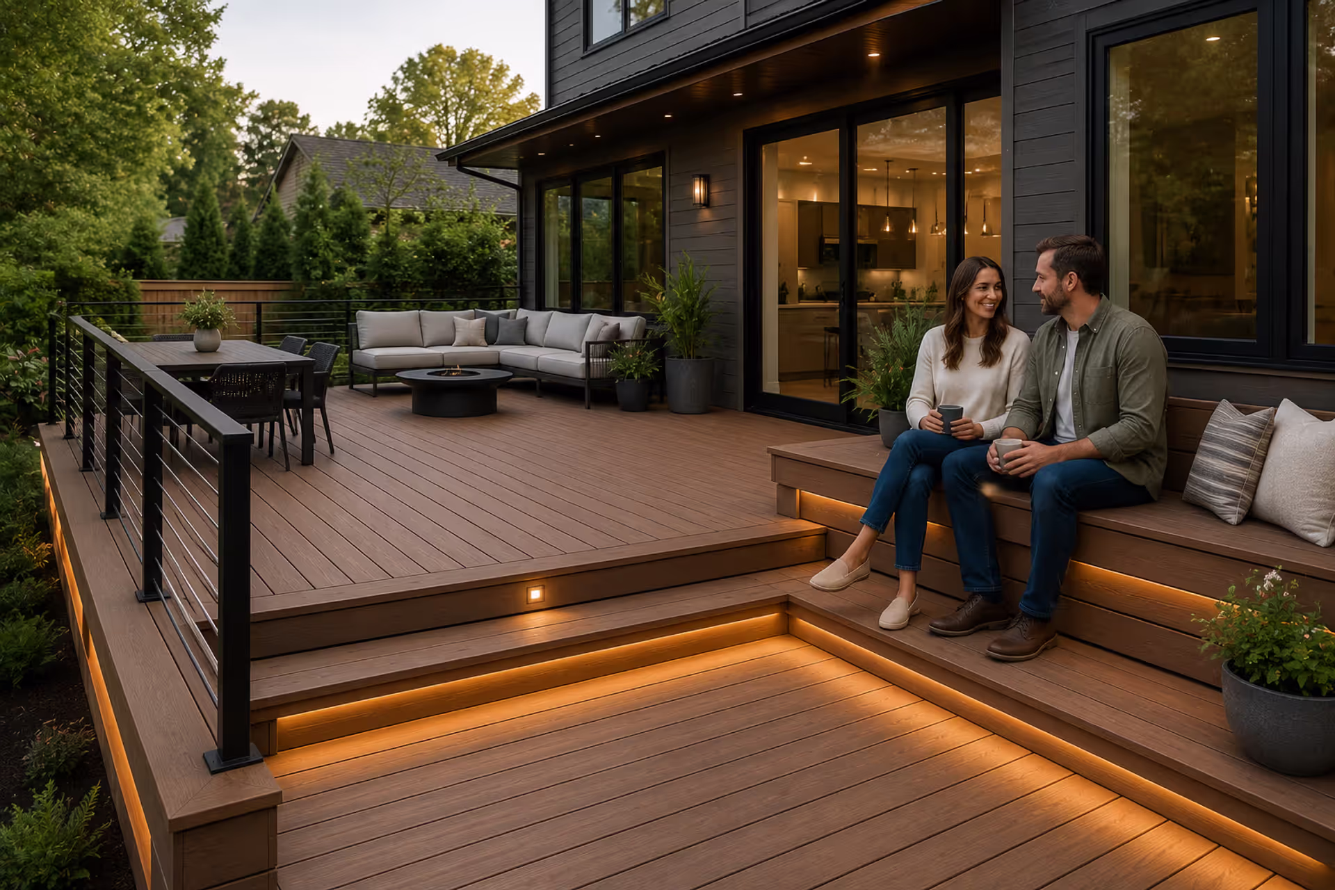 Modern remodeled deck with composite boards, black railings, and built-in seating