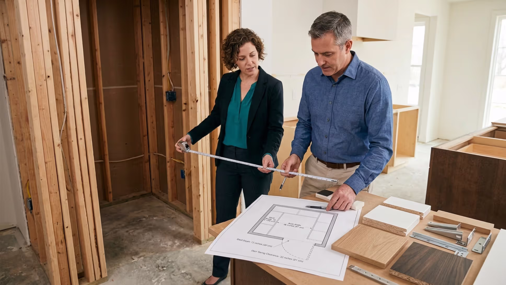 Designer measuring pantry dimensions and planning shelf layout