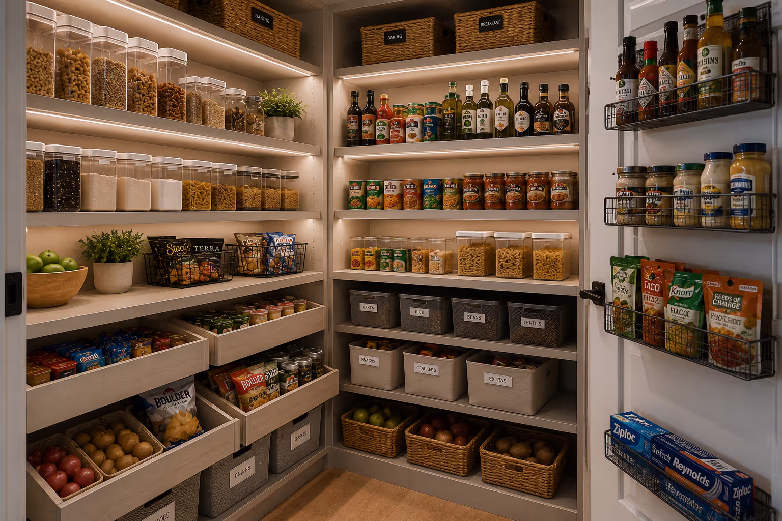 Organized pantry with adjustable shelves, pull-out drawers, and labeled bins