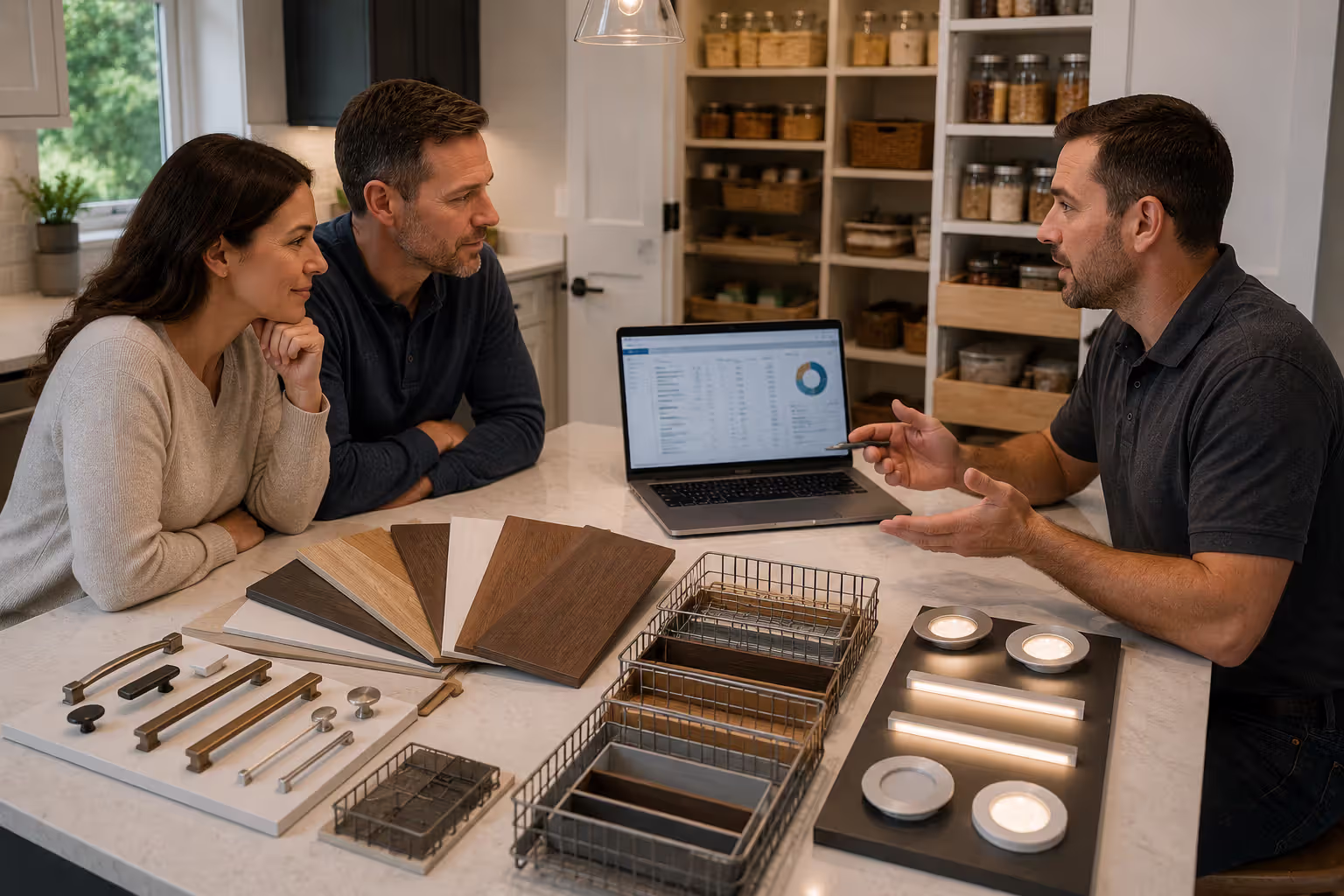Homeowners reviewing pantry remodeling costs and material options