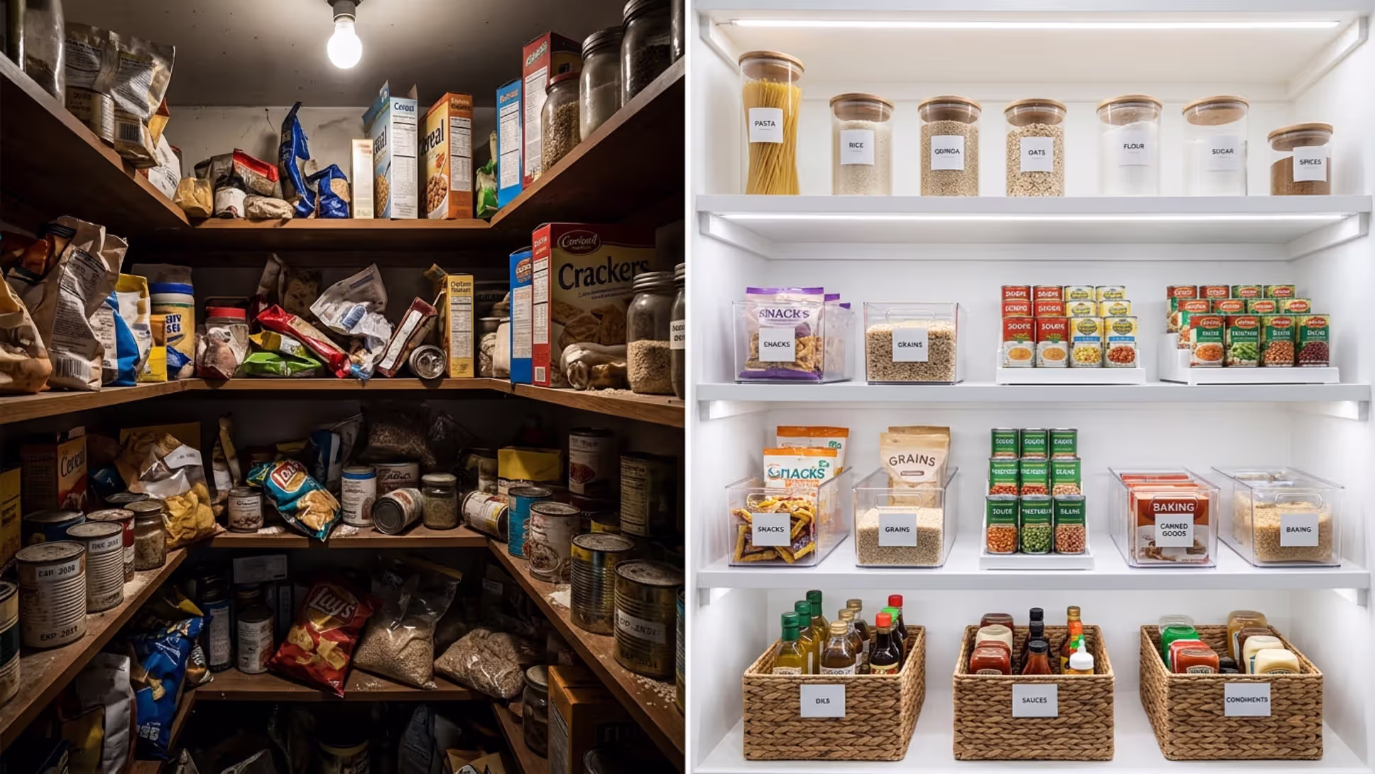 Before and after comparison of poor and efficient pantry organization
