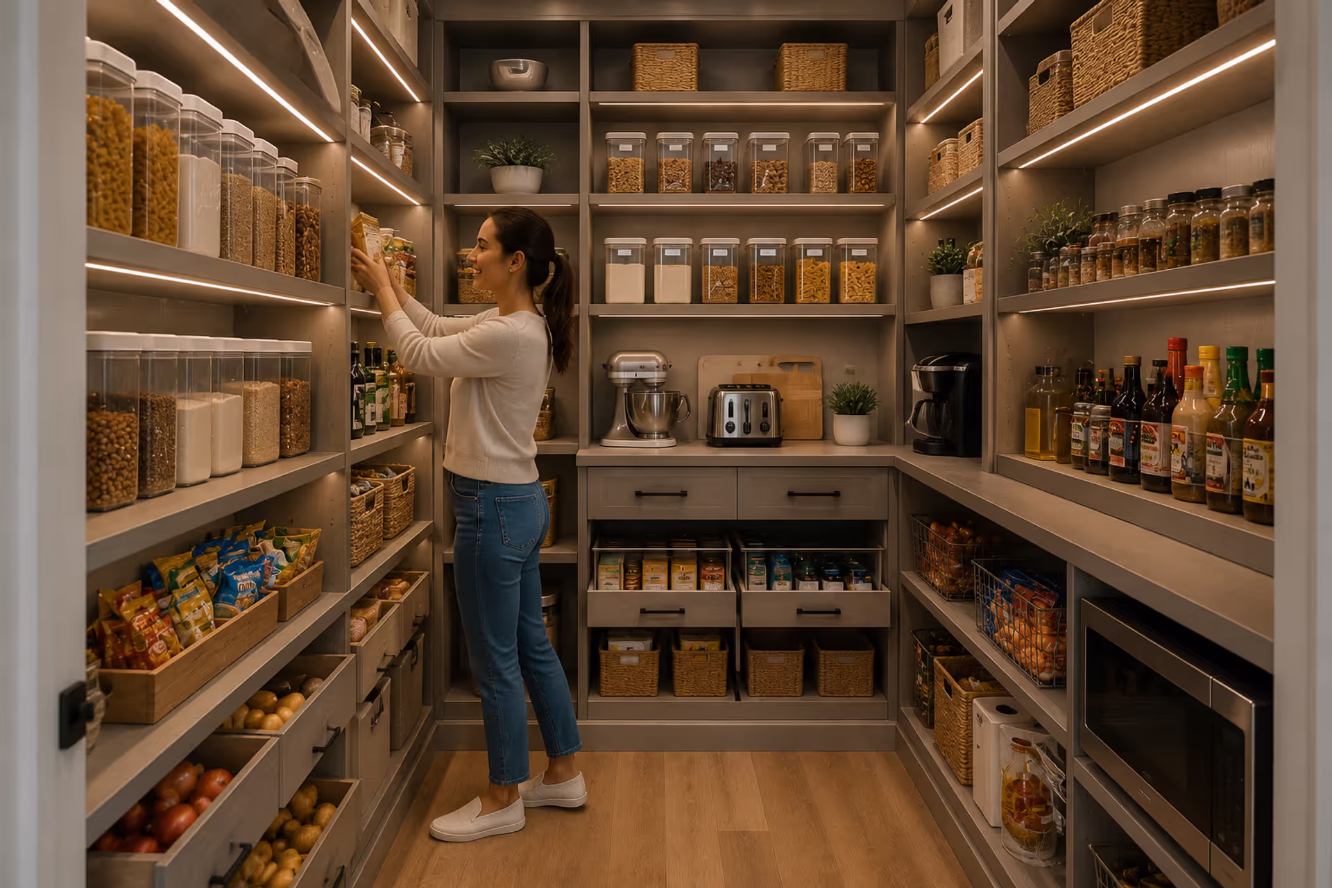 Modern walk-in pantry with organized shelves and pull-out storage