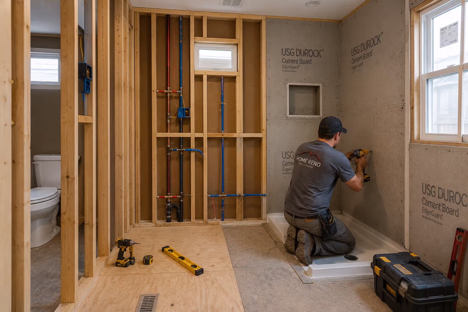 Contractor remodeling a mobile home bathroom with exposed plumbing and subfloor