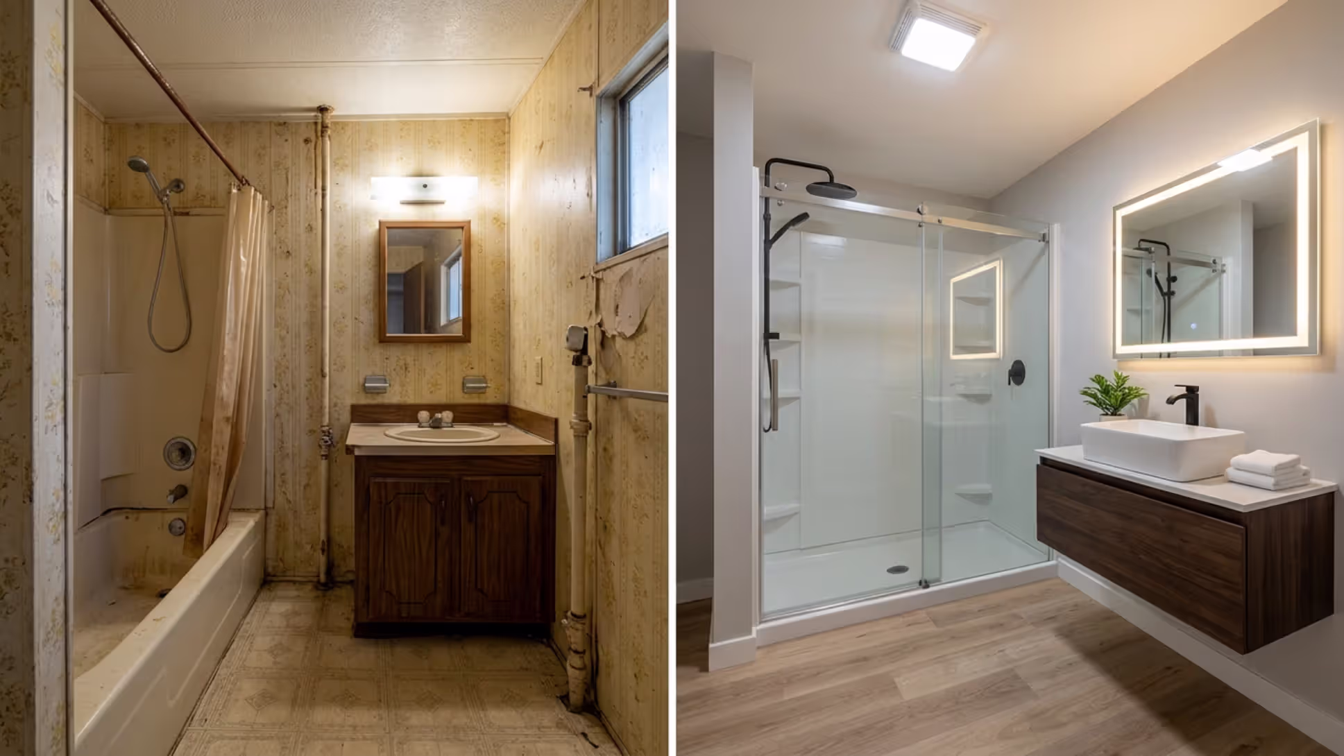Before and after comparison of a mobile home bathroom remodel