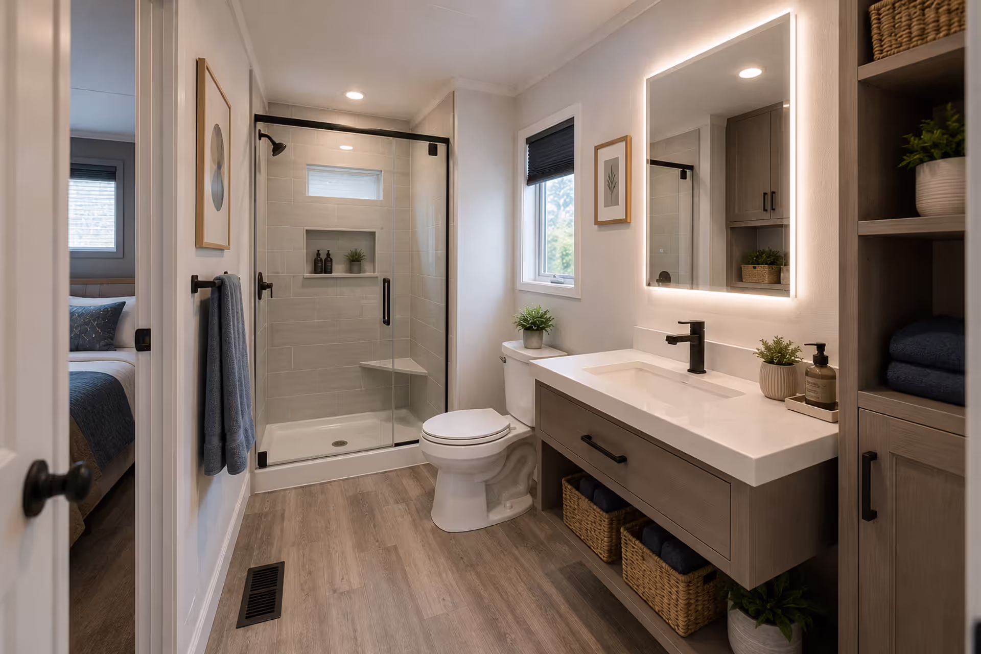 Modern mobile home bathroom with walk-in shower and waterproof flooring