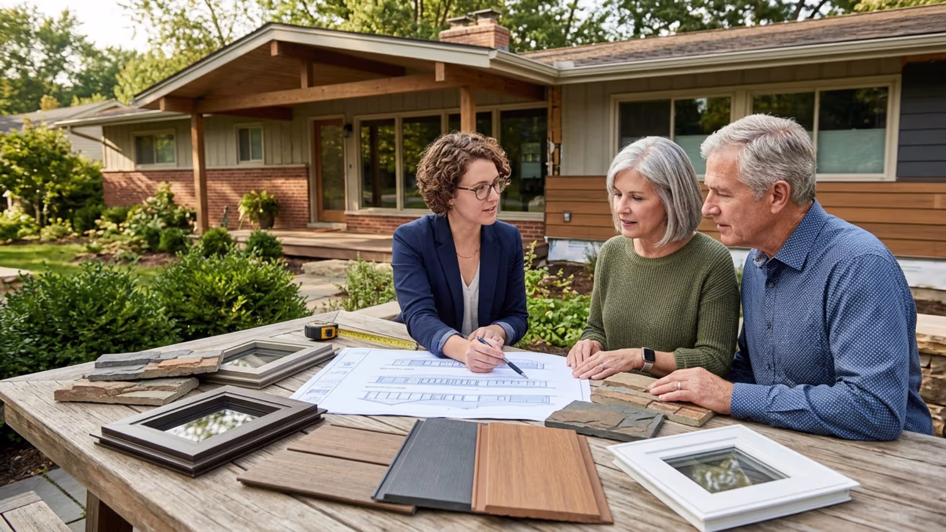 Homeowners planning a 1970s ranch house exterior renovation