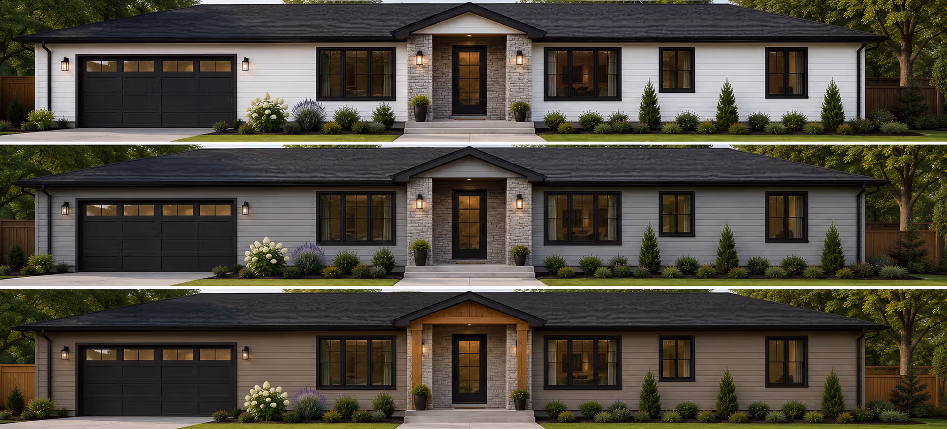 Comparison of modern exterior color schemes for a ranch house