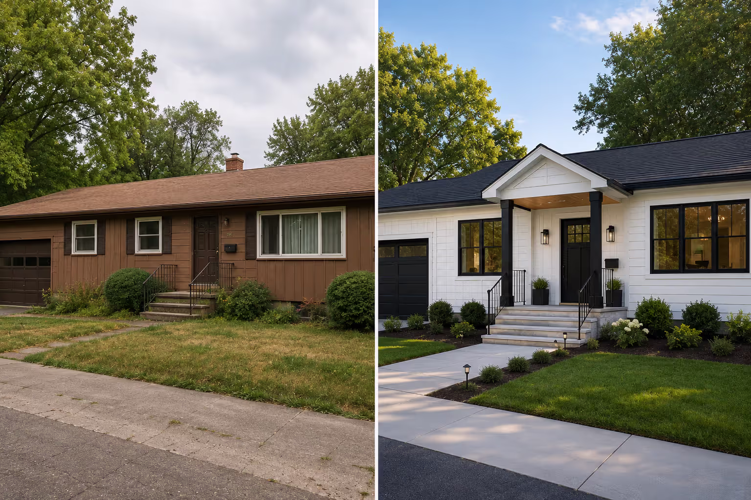 Before and after transformation of a 1970s ranch house exterior