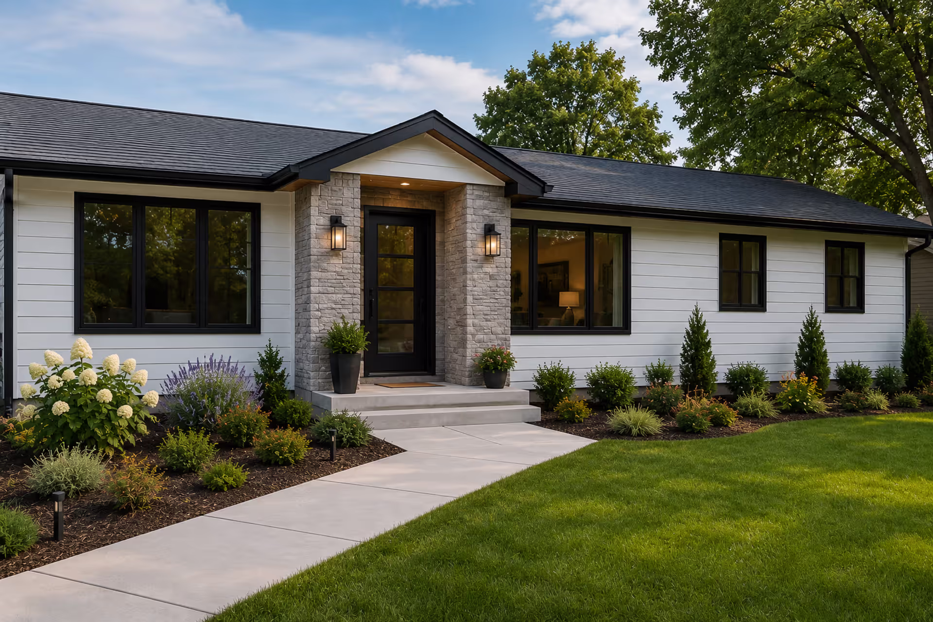 Renovated 1970s ranch house with modern siding, windows, and stone accents