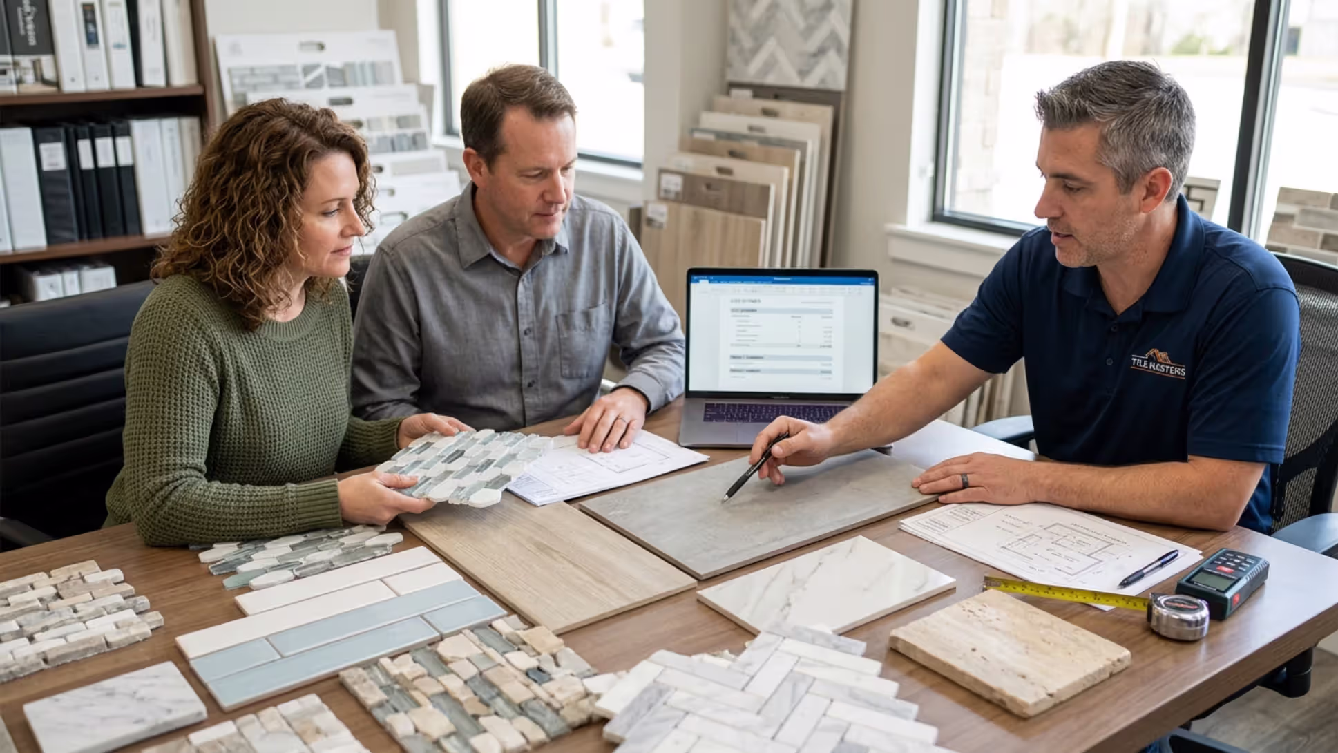 Homeowners reviewing shower tile installation costs and material options