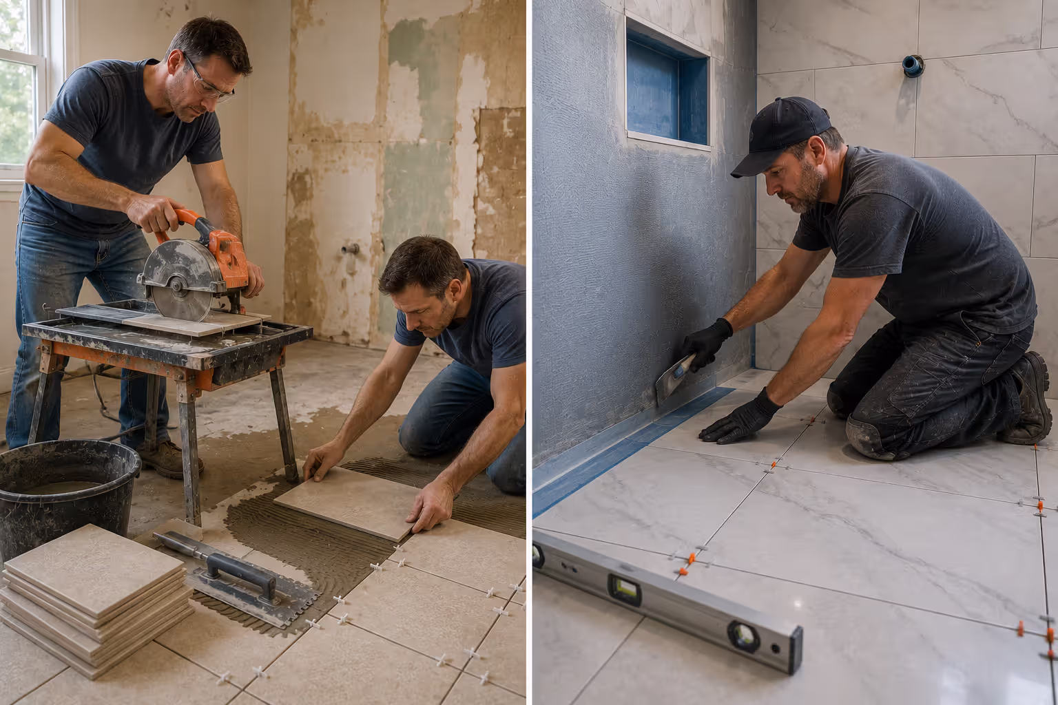 DIY homeowner and professional contractor tiling a shower
