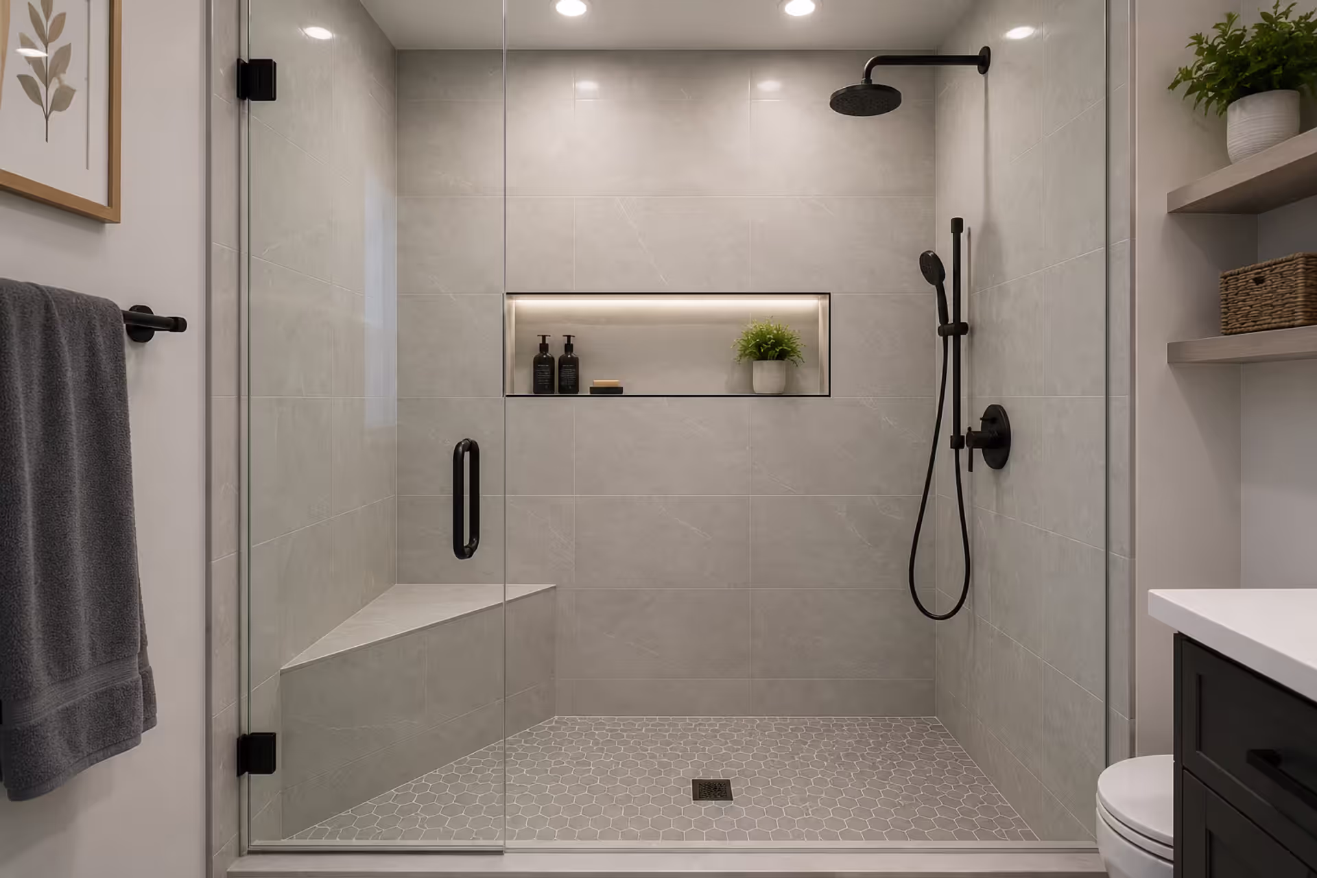 Modern walk-in shower with porcelain tile and frameless glass enclosure