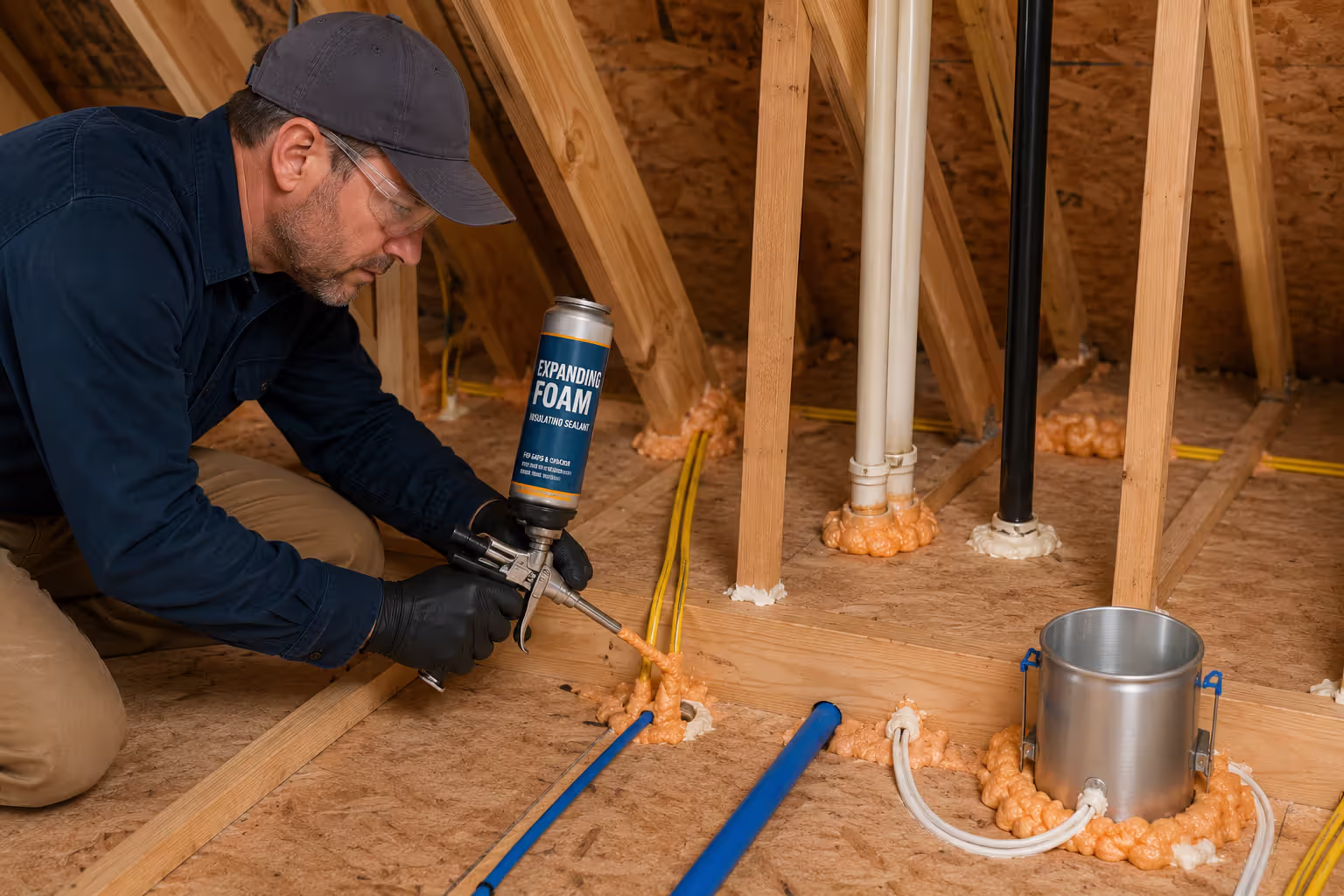 Contractor air sealing attic gaps before insulation installation