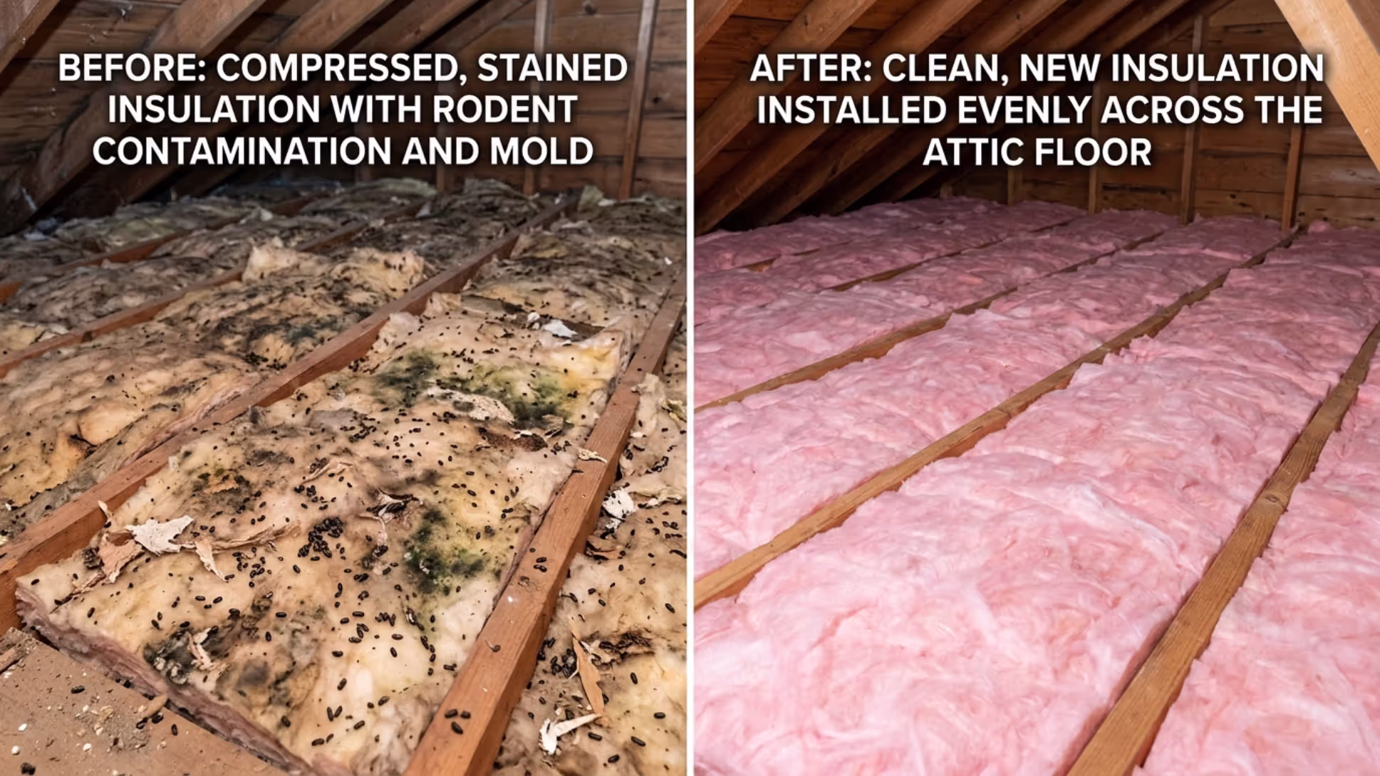 Old damaged attic insulation compared with new insulation