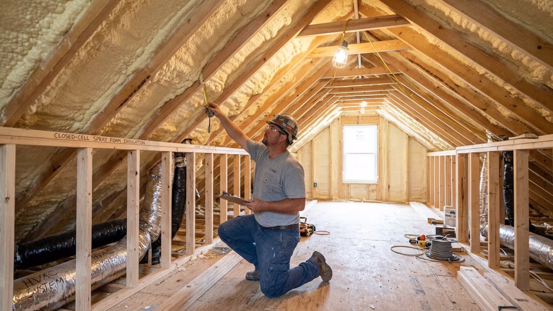 Attic conversion with spray foam insulation and framed living space