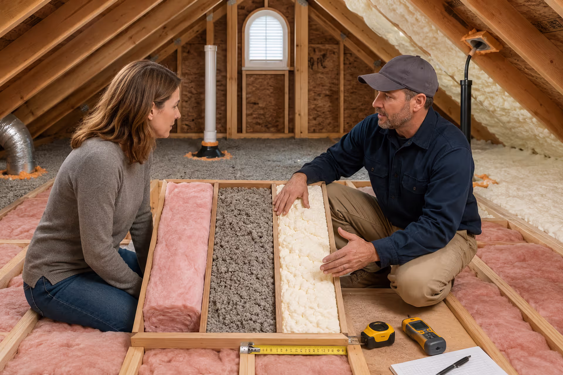 Homeowner and contractor comparing attic insulation options
