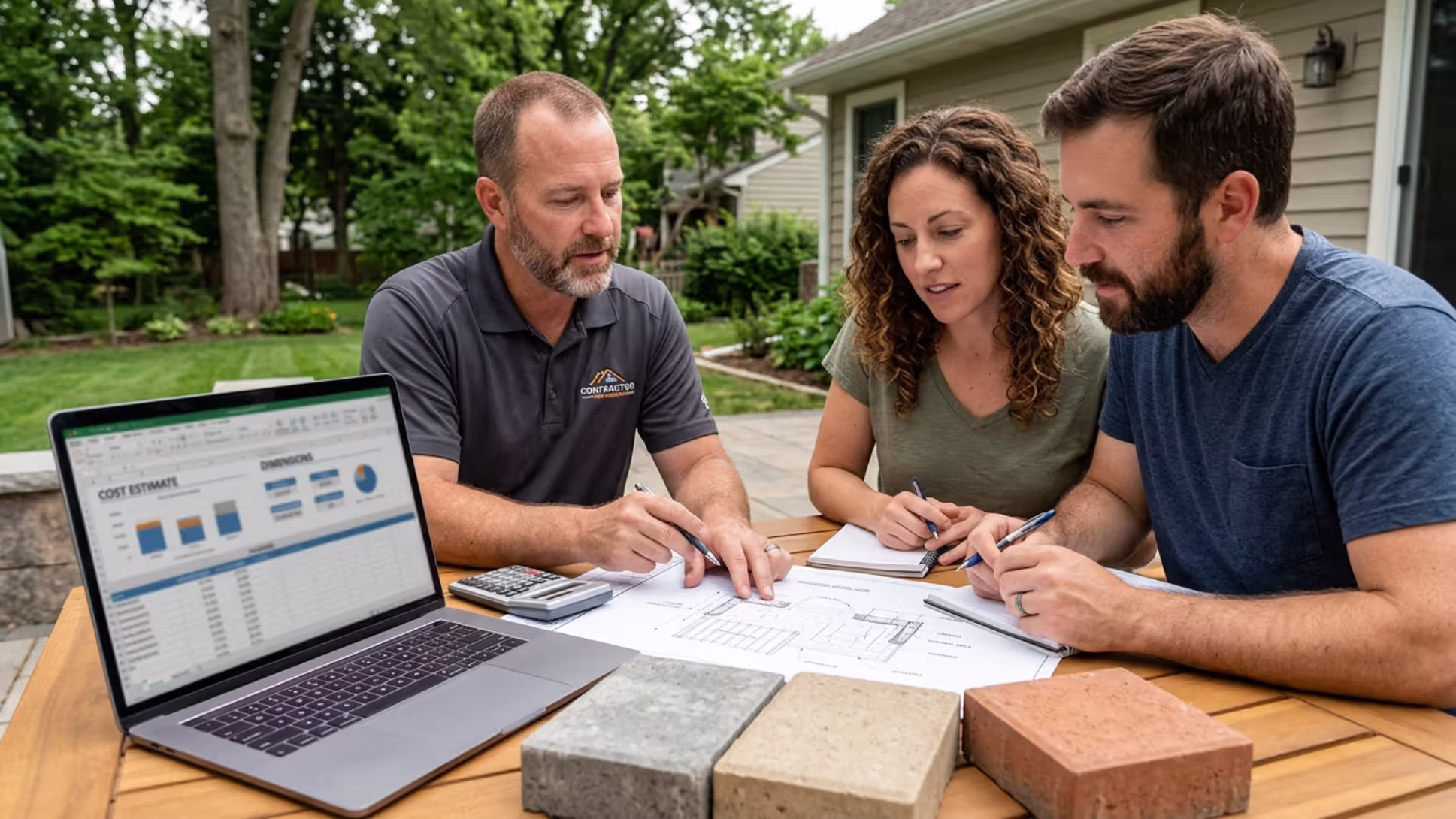 Homeowners reviewing concrete patio costs with a contractor