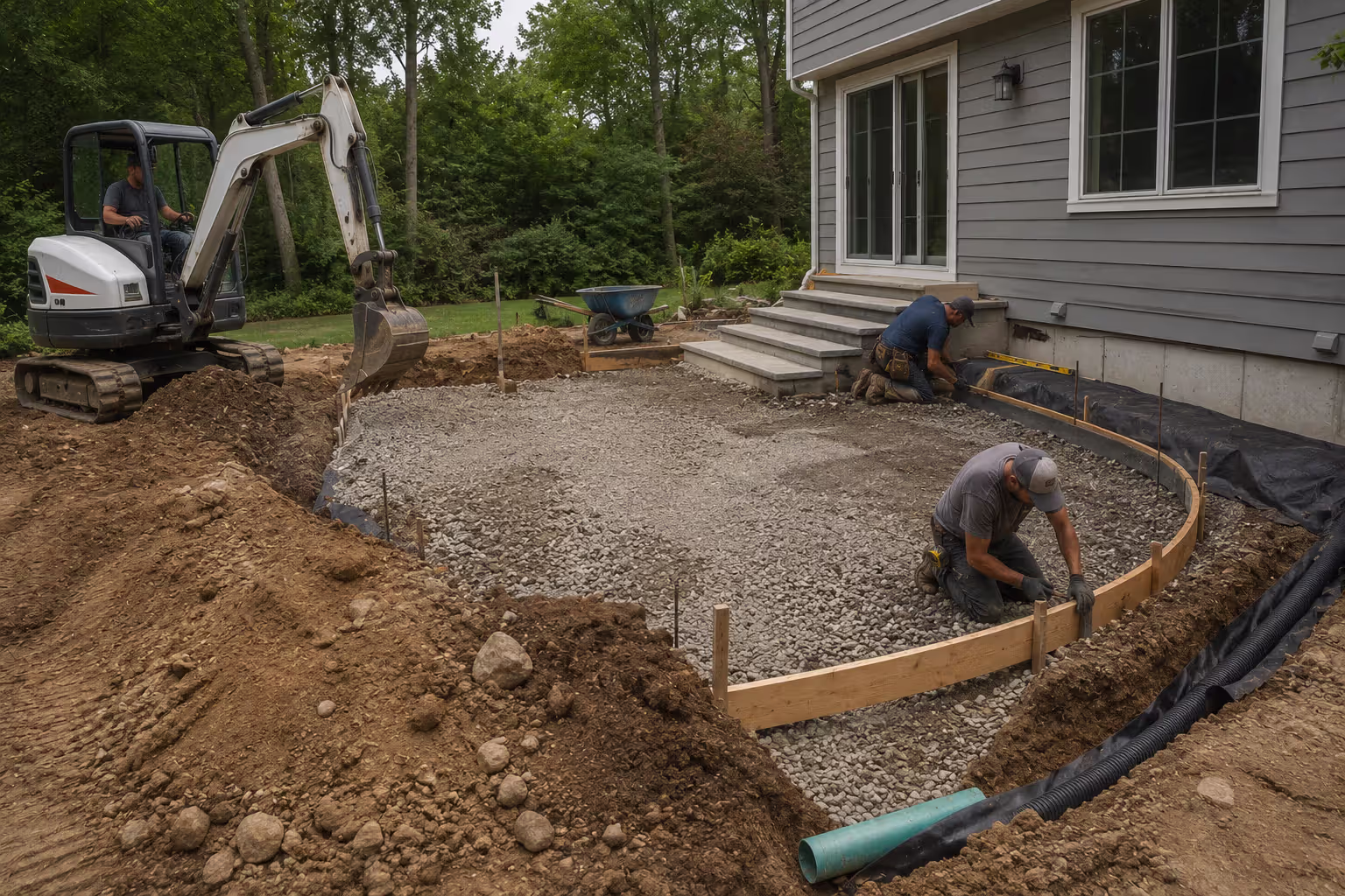 Patio site preparation with excavation, grading, and gravel base