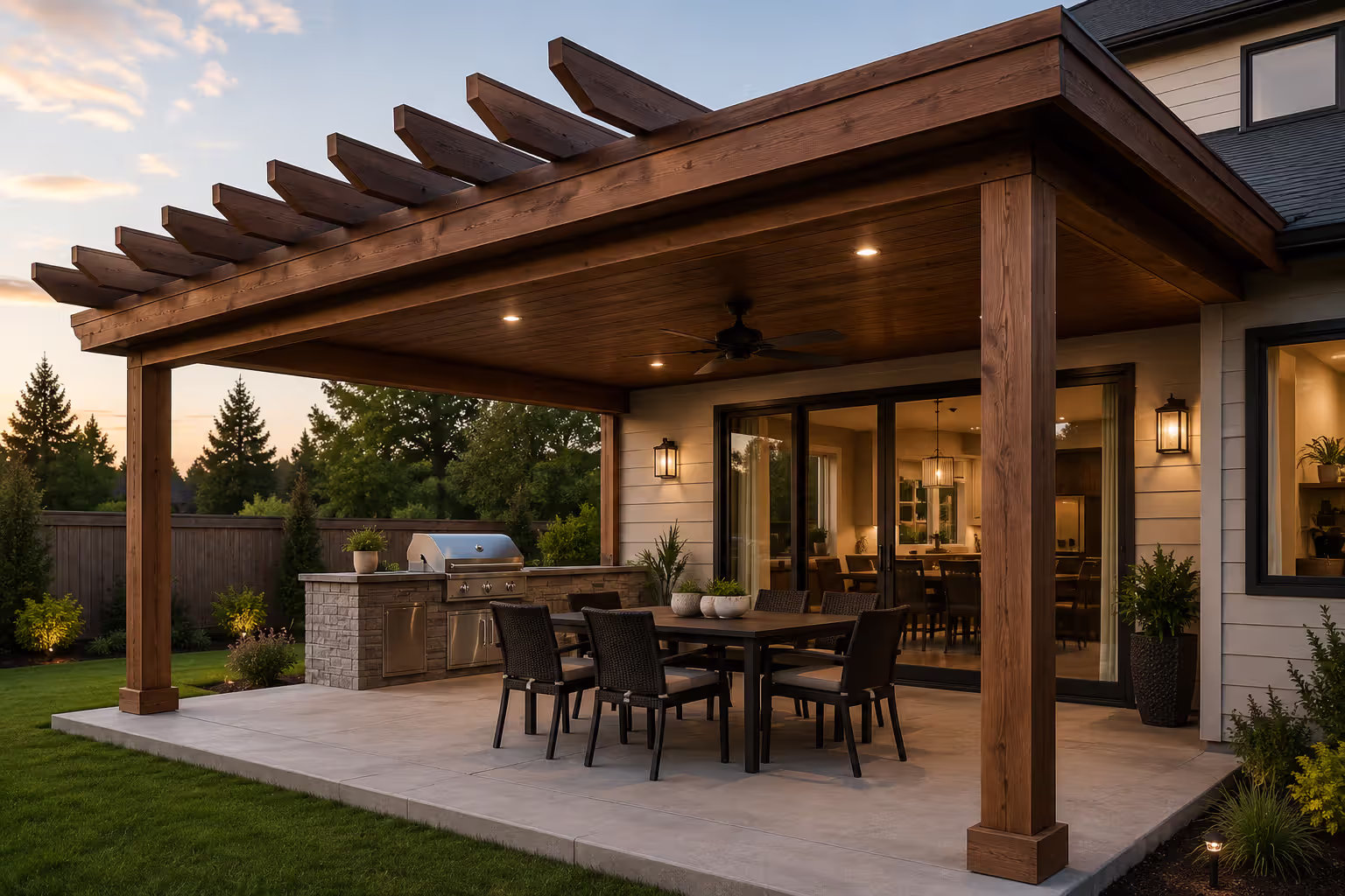 Concrete patio with a wood pergola and covered roof structure