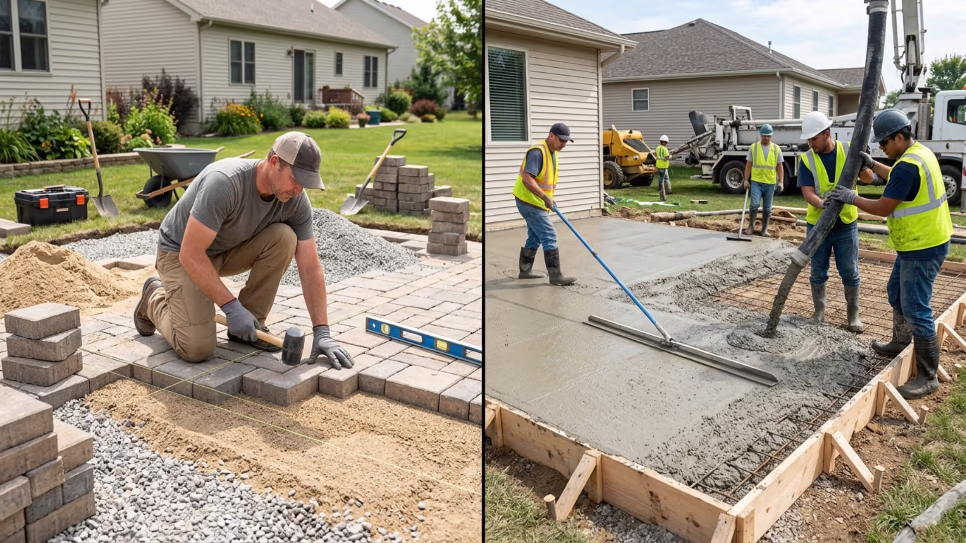 DIY patio installation compared with professional concrete construction