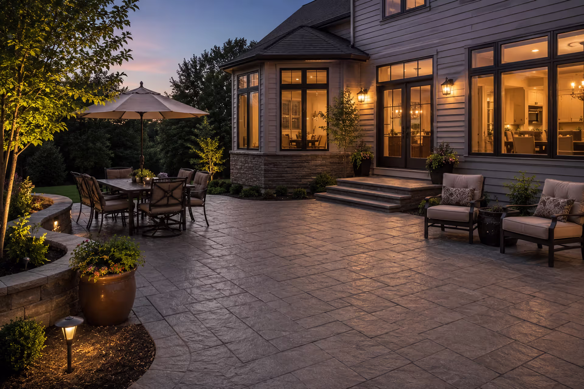 Finished stamped concrete patio with outdoor dining and seating area