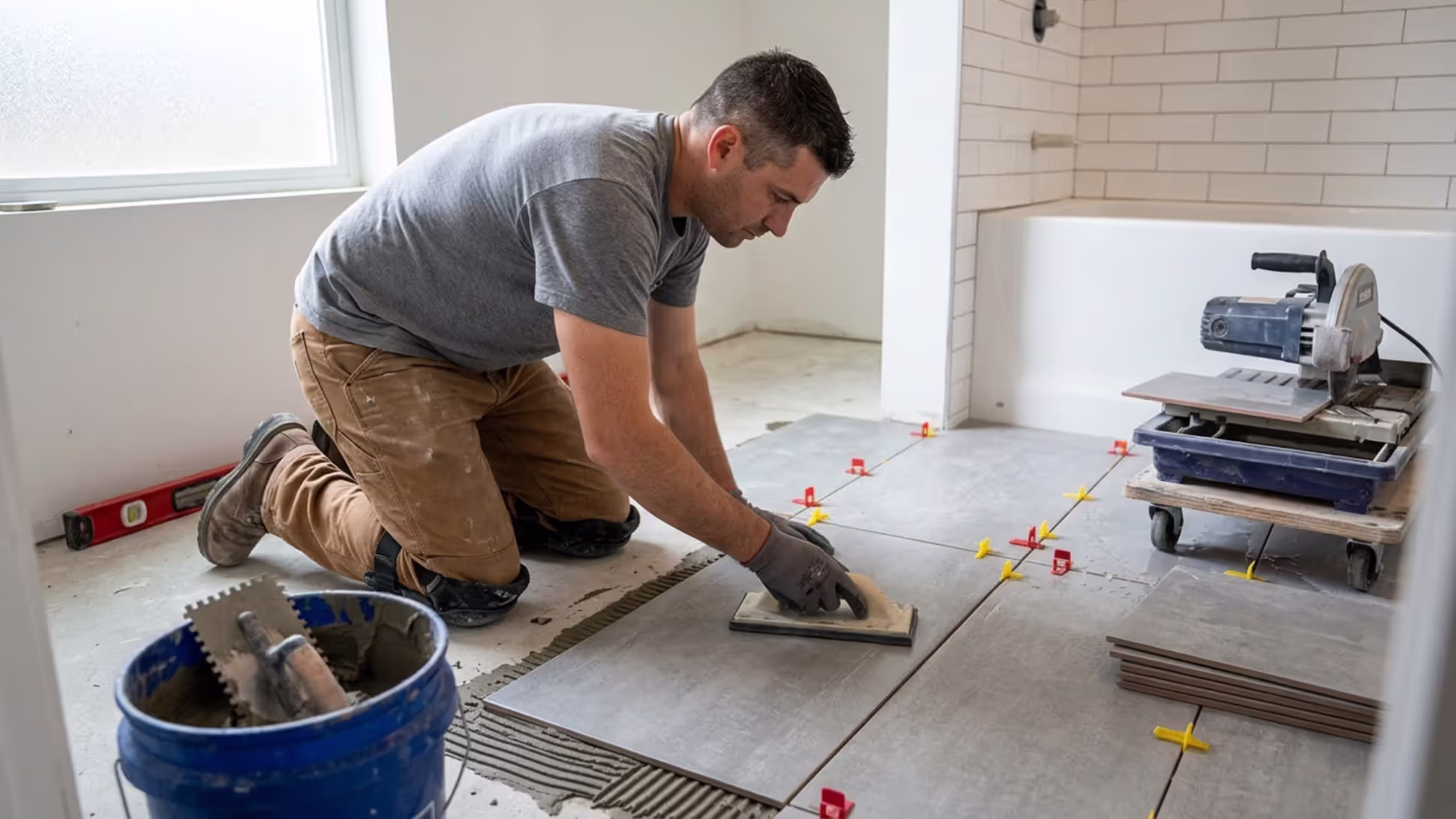Contractor installing porcelain tile flooring