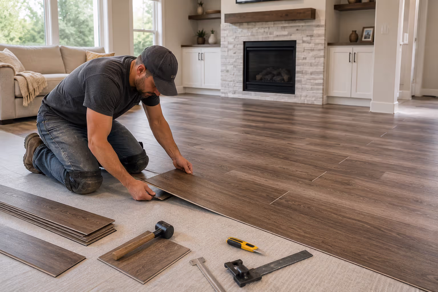 Installer laying luxury vinyl plank flooring