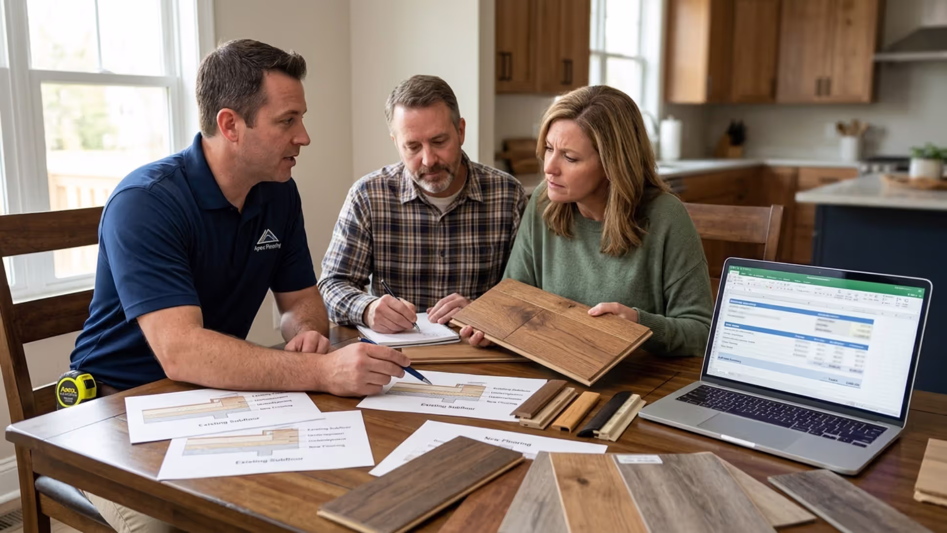 Homeowners reviewing flooring installation costs and project details