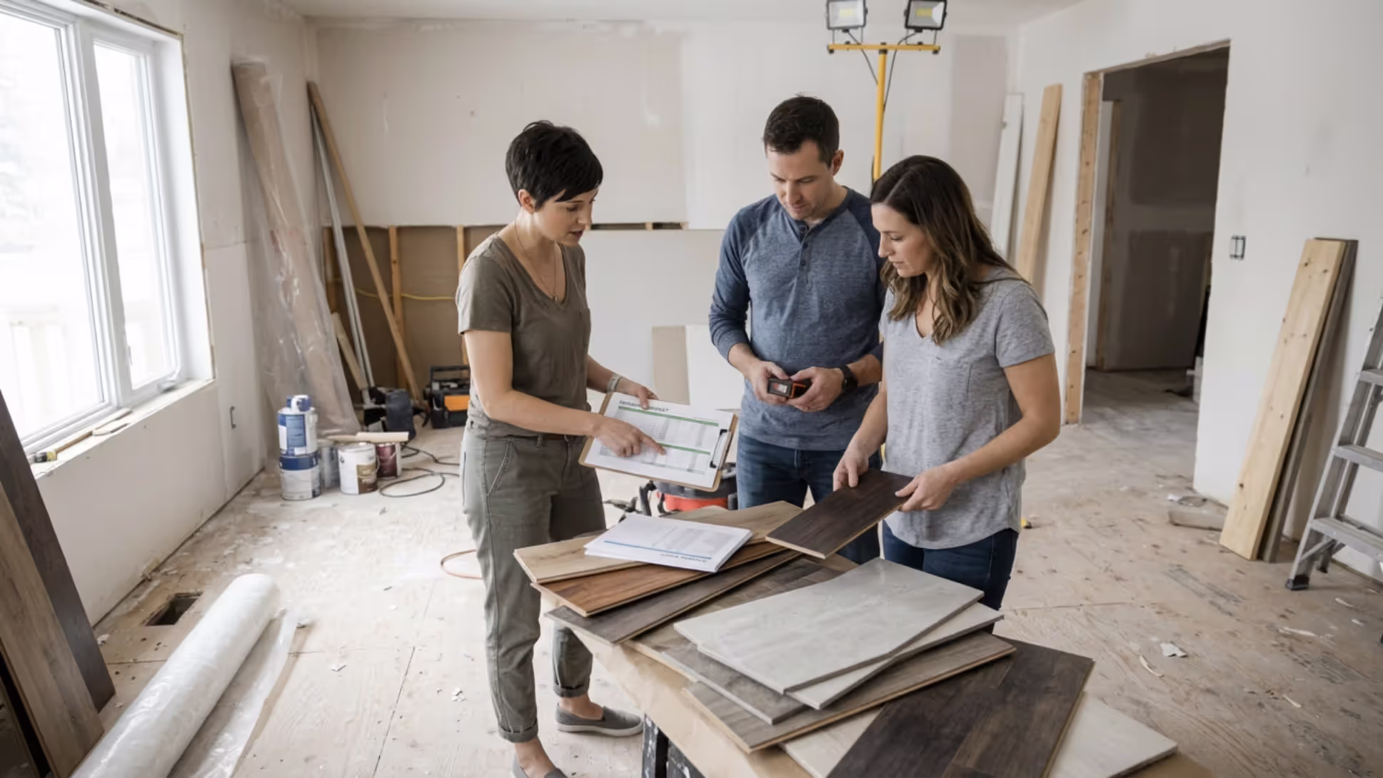 Planning a flooring renovation budget with material samples and measurements