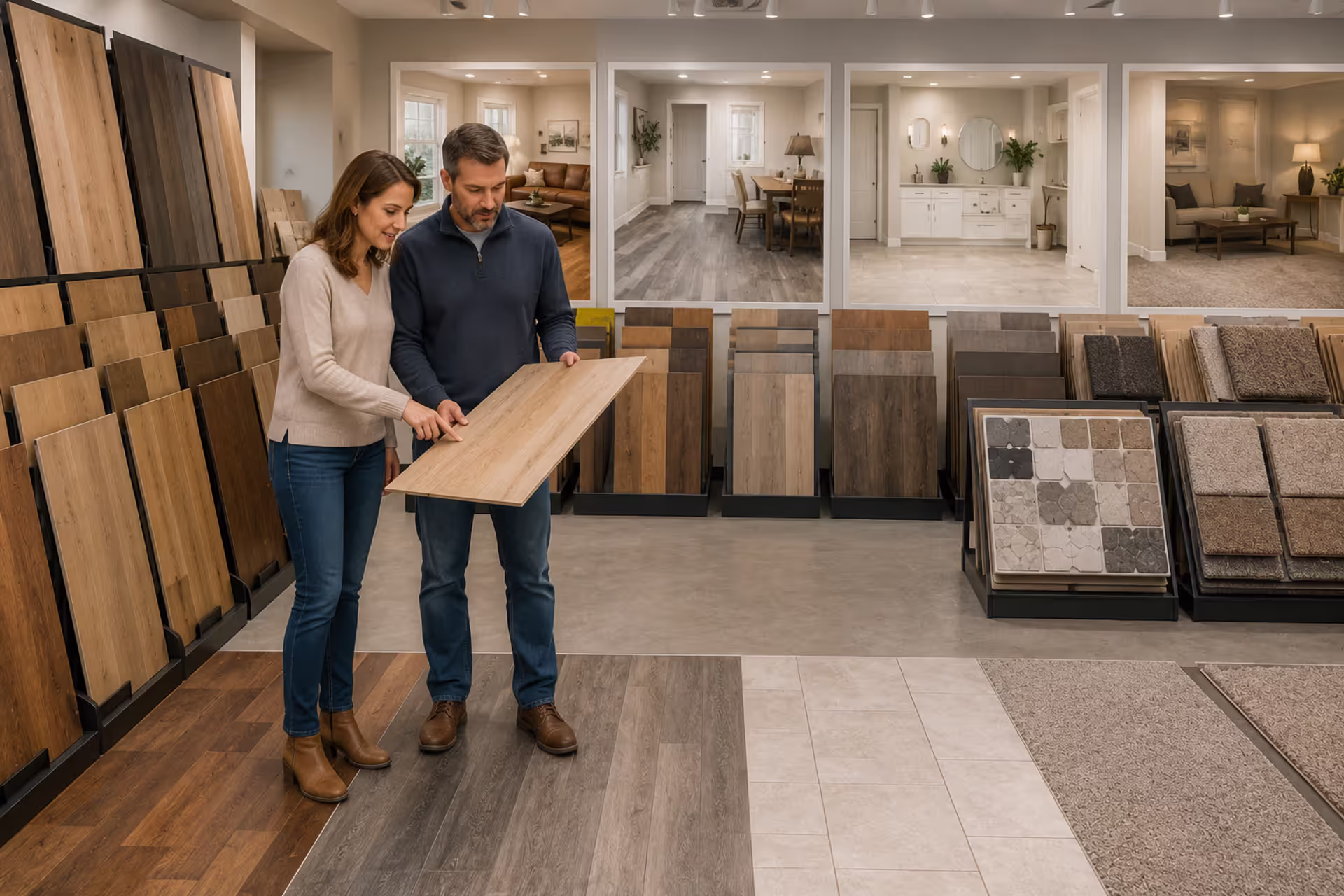 Homeowners comparing flooring options in a showroom