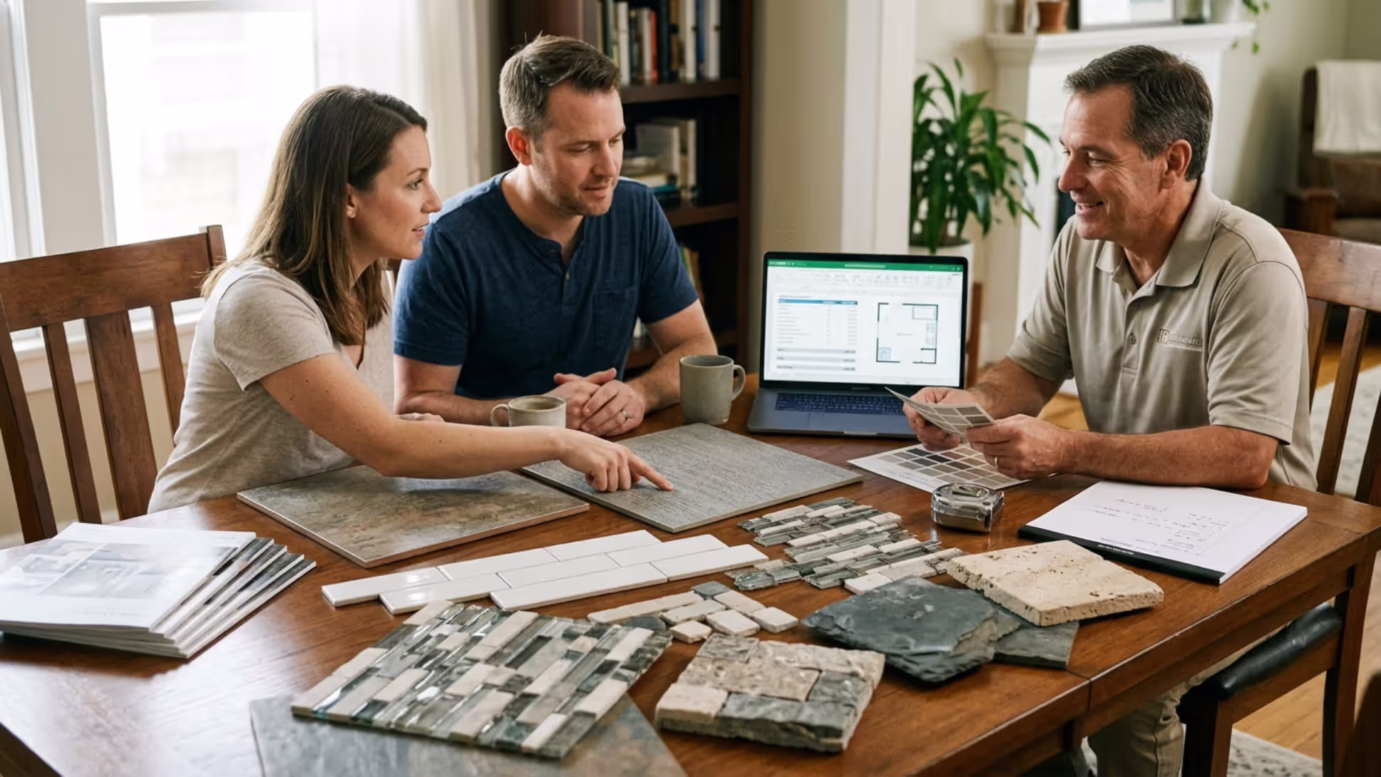 Homeowners reviewing bathroom tile installation costs and material options