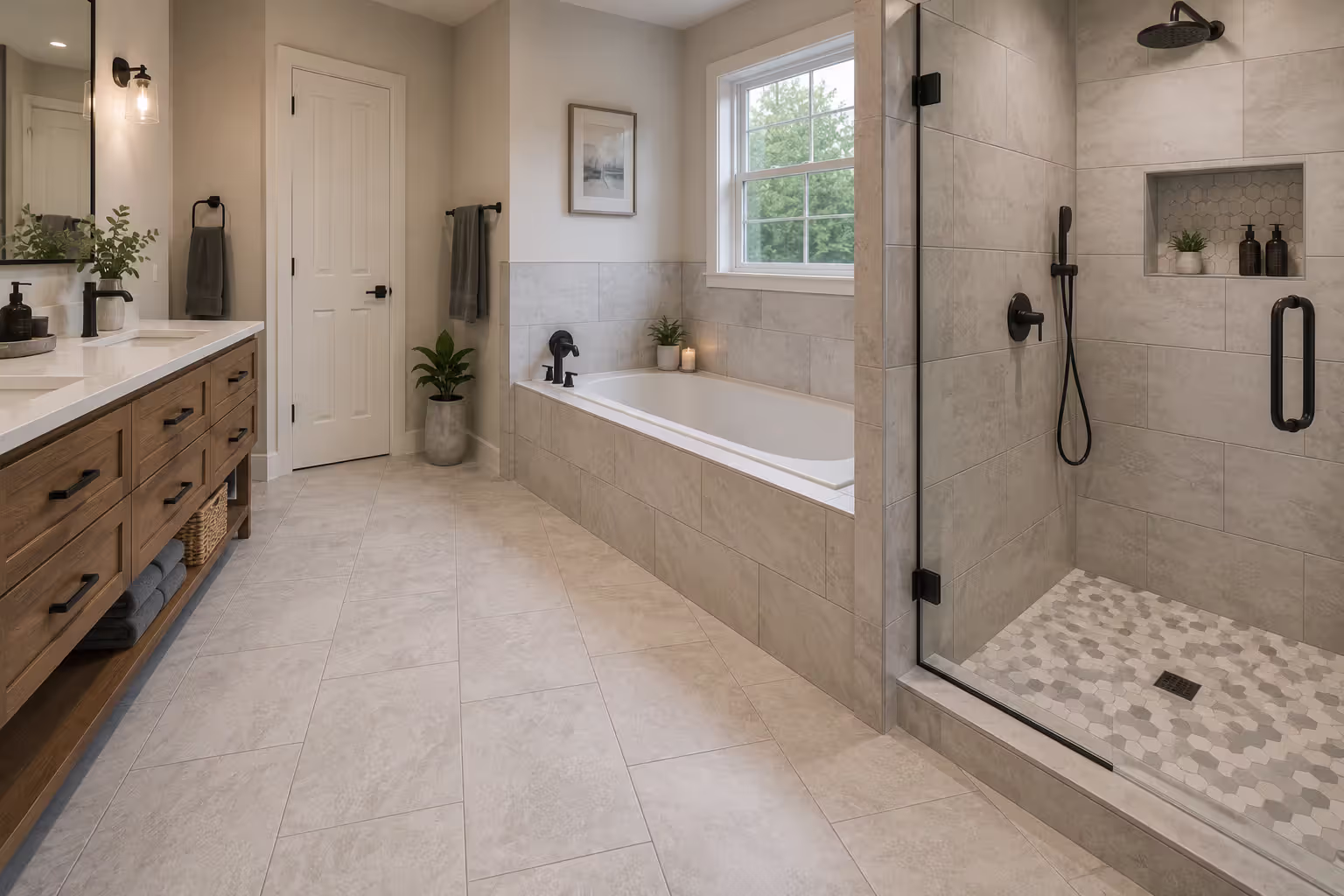 Comparison of tiled bathroom areas including floor, shower walls, and tub surround