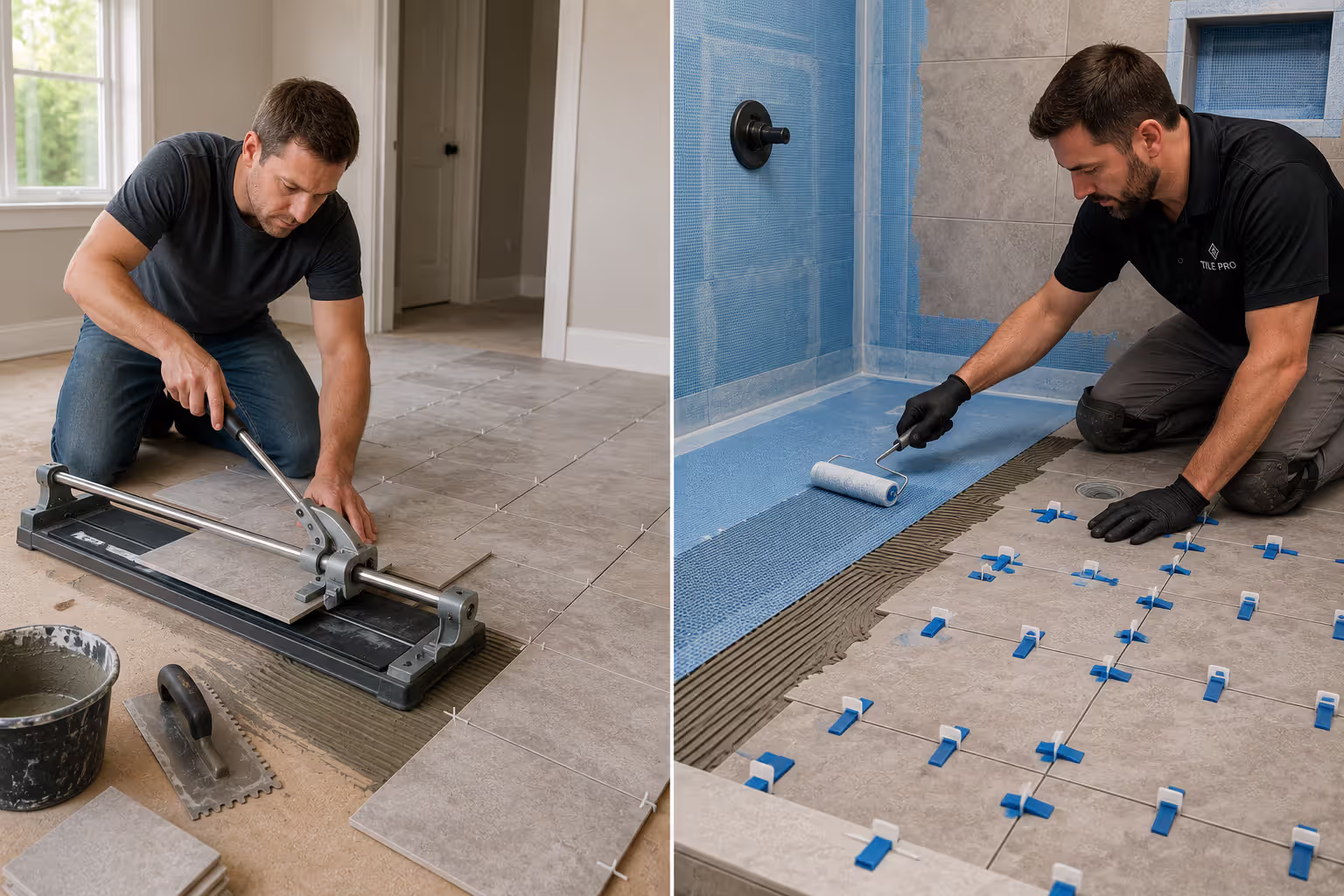 DIY homeowner and professional contractor installing bathroom tile