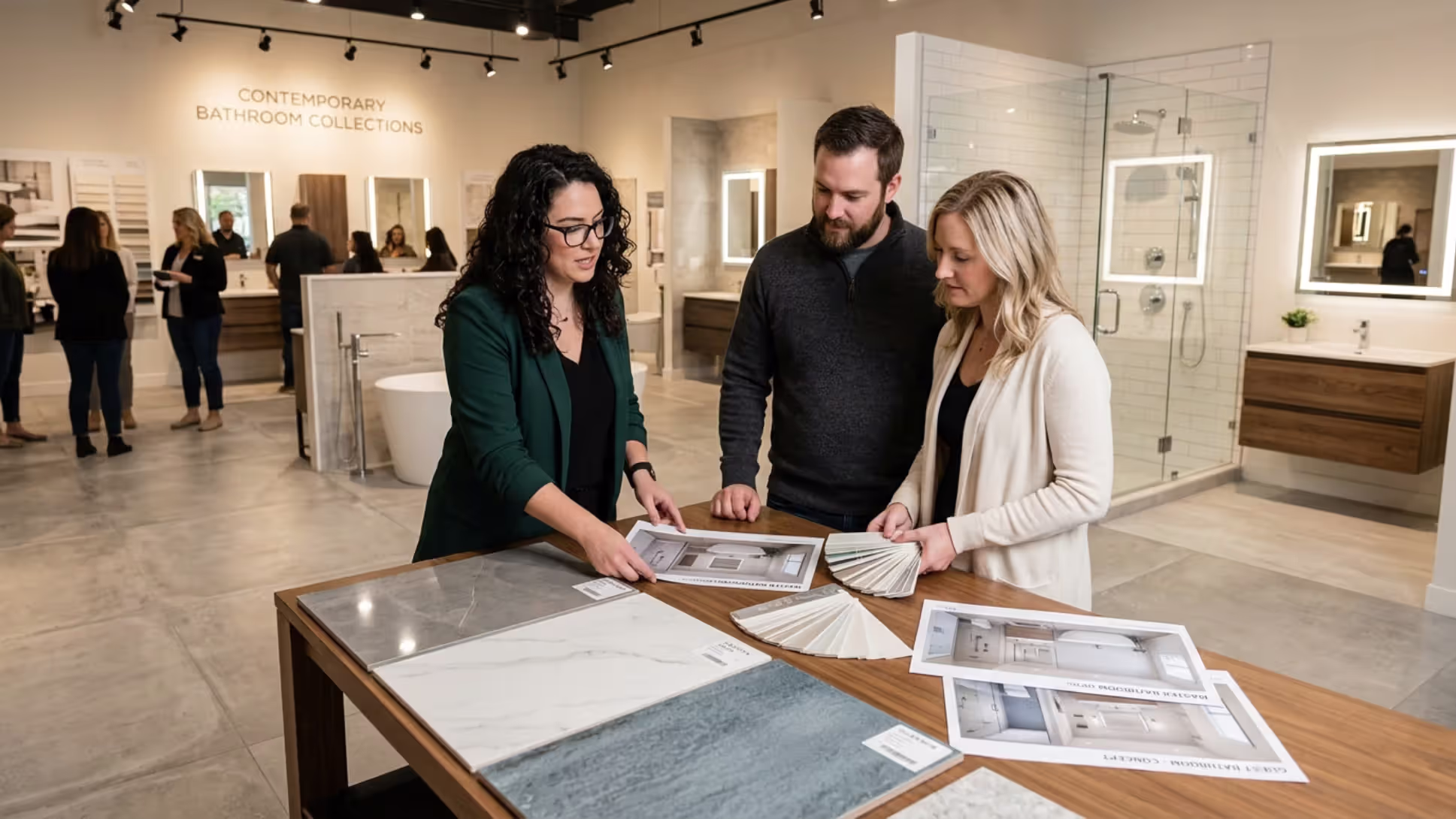 Homeowners selecting tile and design ideas for a bathroom remodel