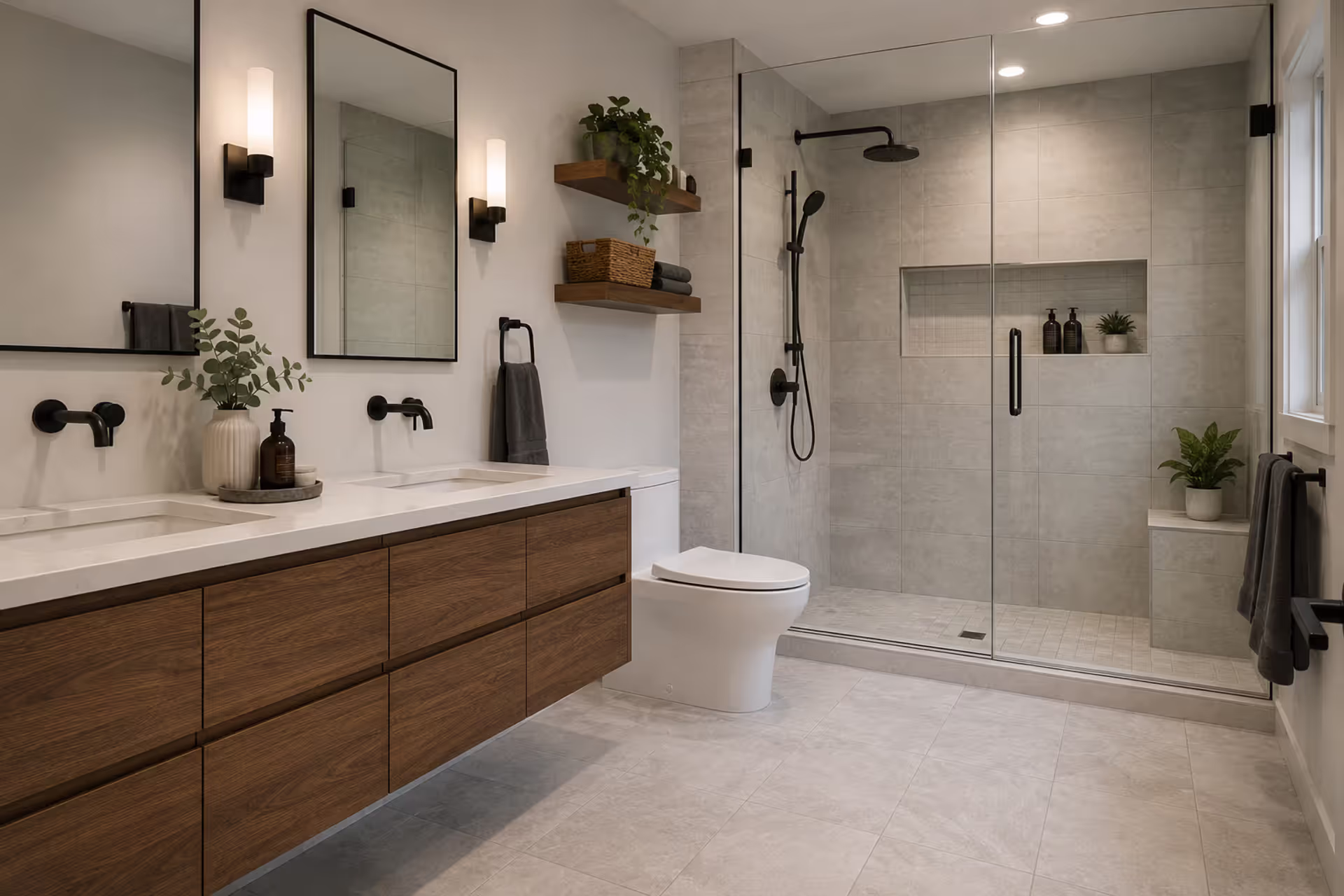 Modern bathroom with new porcelain tile and frameless glass shower