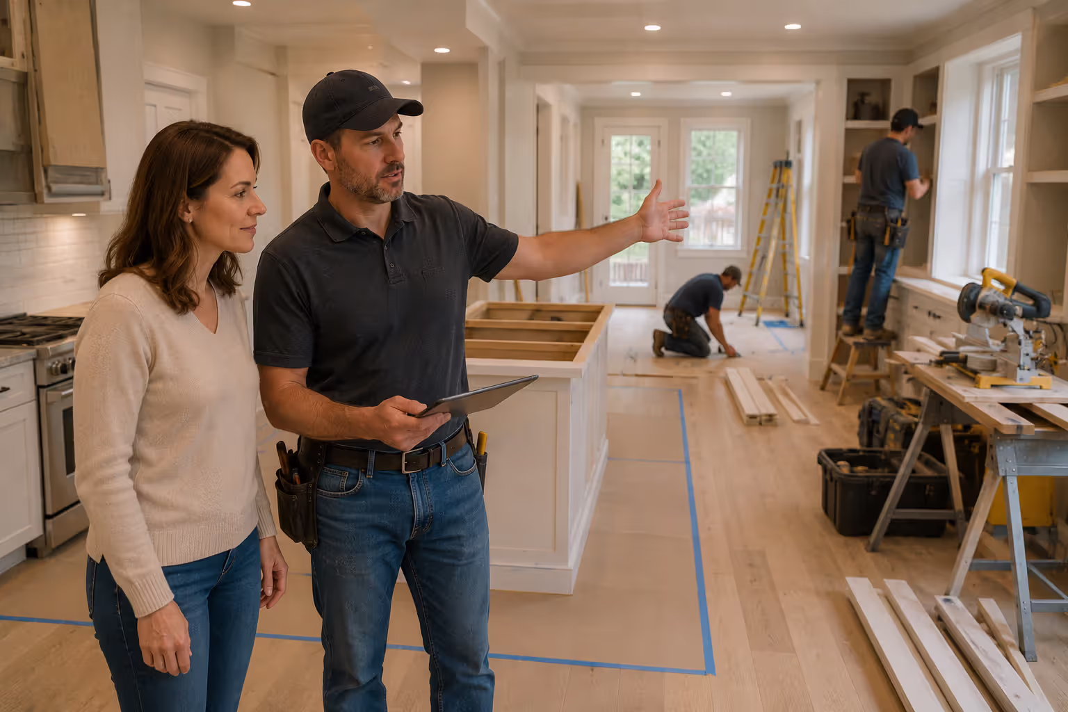 Homeowner evaluating a contractor at an active job site