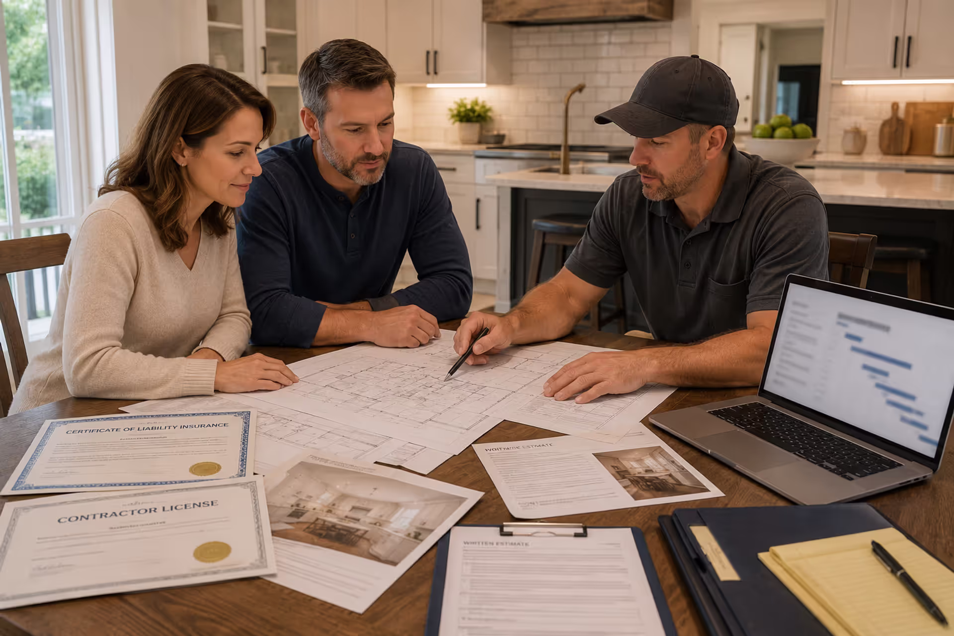 Homeowners reviewing contractor credentials and renovation estimates