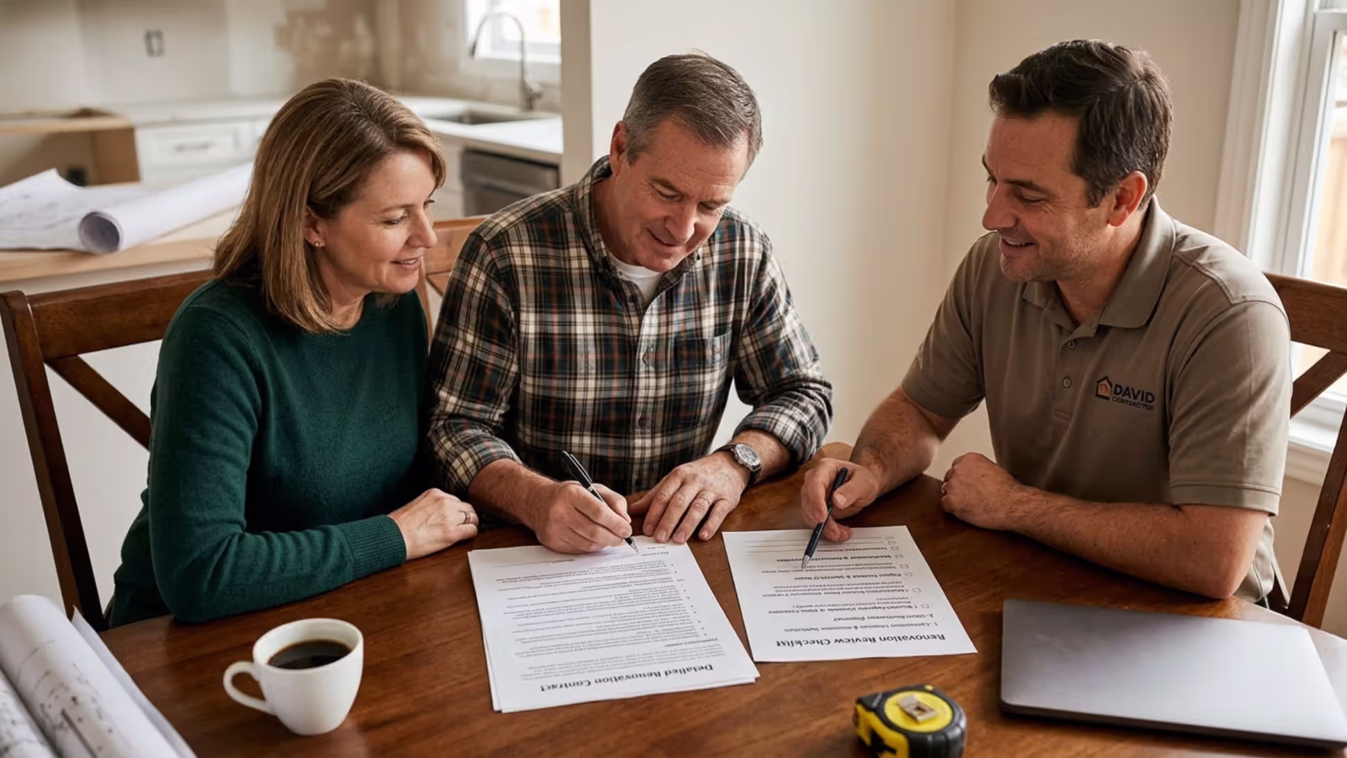 Homeowners signing a renovation contract after completing a contractor checklist