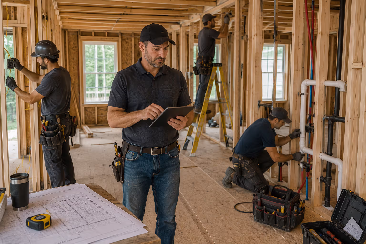 General contractor coordinating multiple trades during a home addition