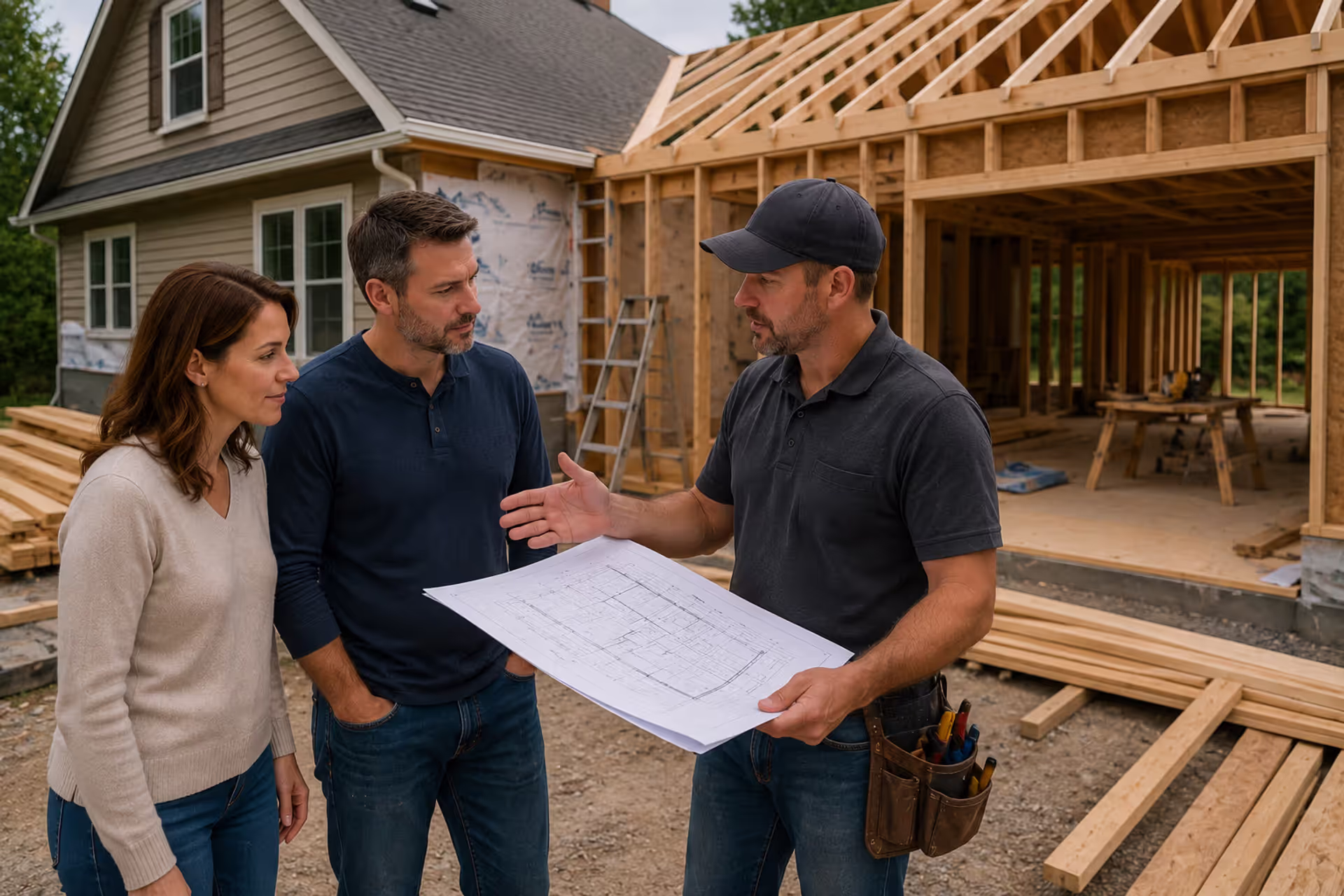 Homeowners reviewing a house addition project with a general contractor