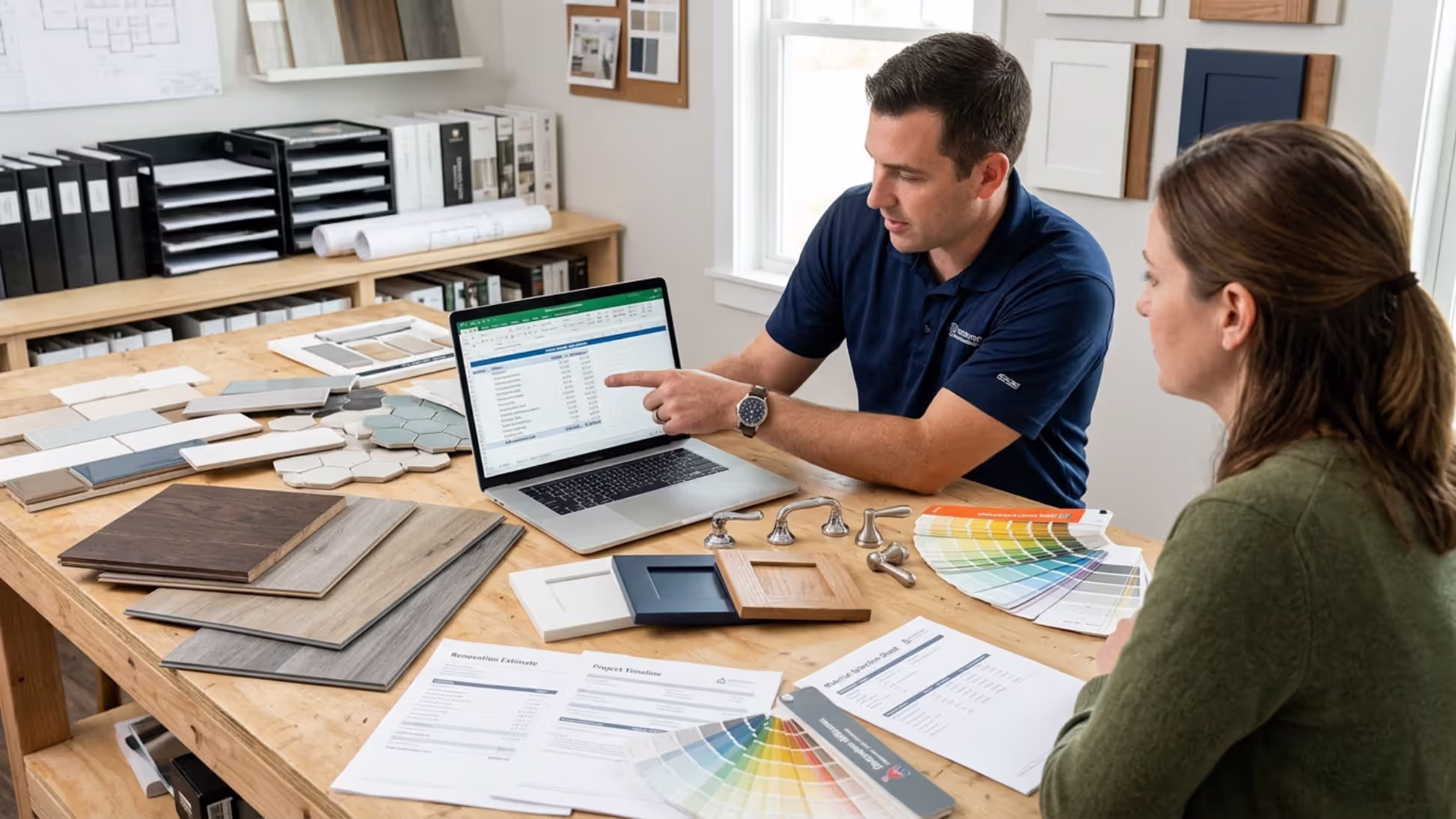 Remodeling materials and budget breakdown on a planning table